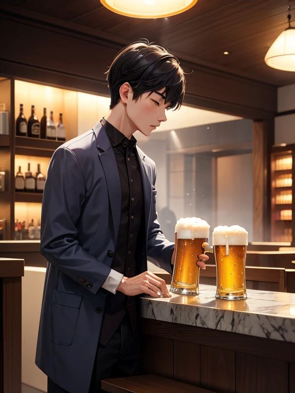 holding a beer, upper body、shiny skin、(looking away:1.5), side angle, masterpiece、Highest quality、(25-year-old male:1.5) and (Brown short hair) and (Green Eyes), (Wearing a suit:1.3) and (Blue tie)、smile、open mouth, The background is the interior of a restaurant at night.、(Alone:1.5)、Are standing