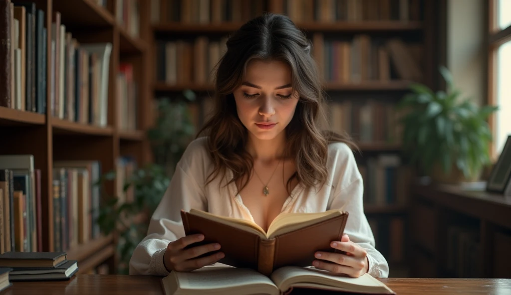cara, largo_cabello, splendid, girlish, escote, occidental, Arriba, hot girlish, photos in a bookstore, tocando libros, cargando libros,