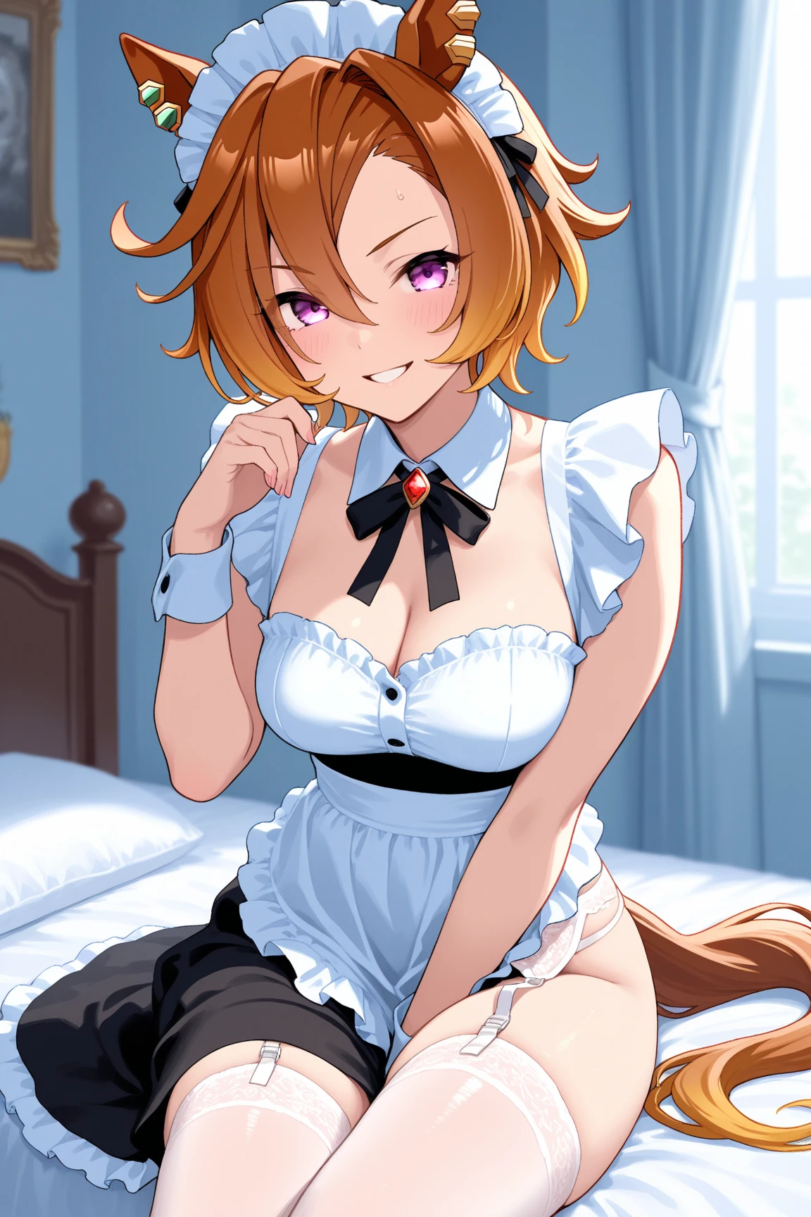 score_9, score_8_up, score_7_up, source_anime, 1girl, orange hair, orange eyes, low ponytail, cat ears, small breasts, eyeglasses, micro bikini maid, headdress, blouse, skirt, apron, areola, anxious, light smile, bent over, back, private room, mansion,