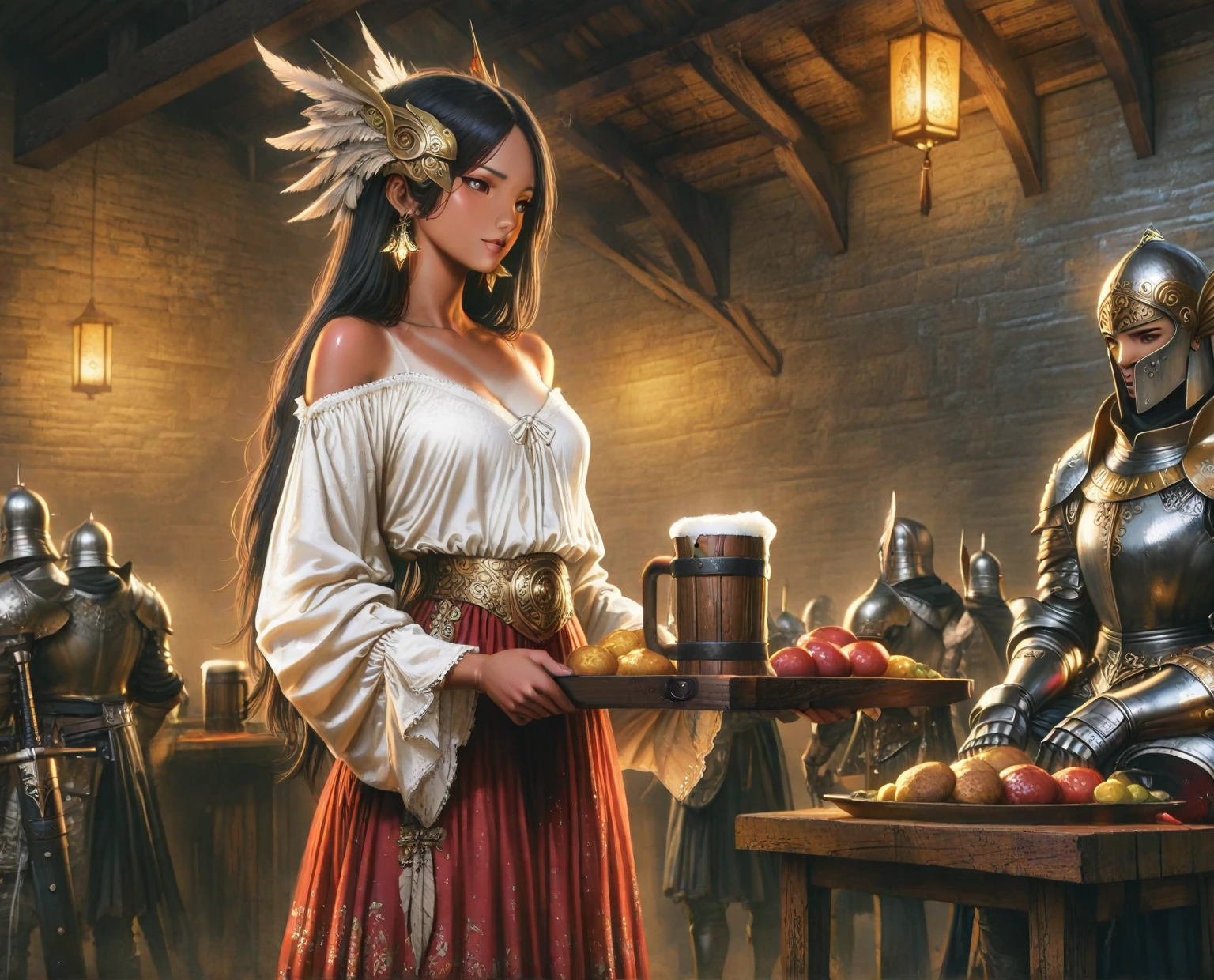 (Masterpiece), (detailed), (high res), (high quality), curvy medieval barmaid standing on the table with her back arched and drunk men watching her, green garments, black hair, (standing on table on all fours), pudgy, laying on table, (drunk men around her close), (men cant hold themselves), (giant booty seduction), (no self disciple), a lot of men, (men staring at her very close), (men very close to her), (dangerous men), (((a lot of men surrounding her very close to her body and grabbing her)))