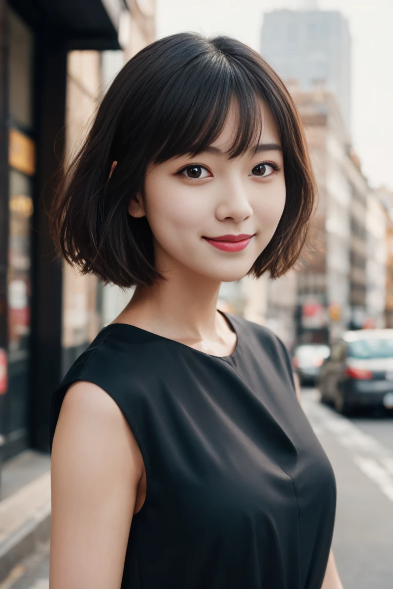 ((top-quality、in 8K、masterpiece:1.3))、1girl in、((Face your body in front of the camera:2))、((upper body:2))、((Black T-shirt:1.4))、front view、Smiling smile、Slim Faces、Pretty women、(Dark brown bob hair)、hyperdetailed face、A detailed eye、二重まぶた、blured background、Slim Faces、城市、a street