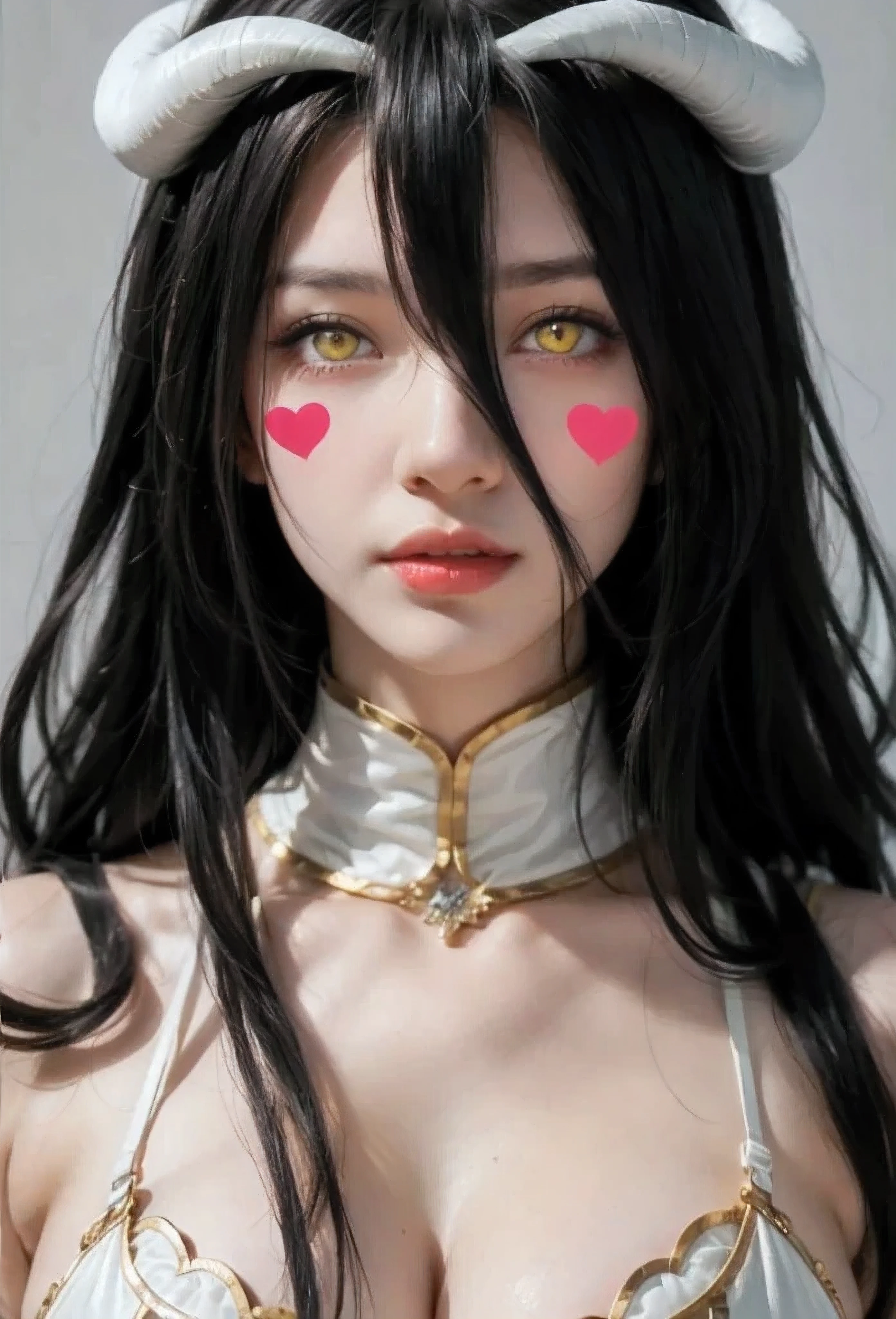 ( masterpiece , best quality ), 1 girl,2d, beautiful face, demon horns ,( long black hair ),( black hair)( black hair largo),( yellow eyes ),pesones with cold , HIGH QUALITY,ultra detailed , albedo,choke, long hair, big breasts , self-adhesive stickers for nipple heart-shaped lingerie, love tattoos on face