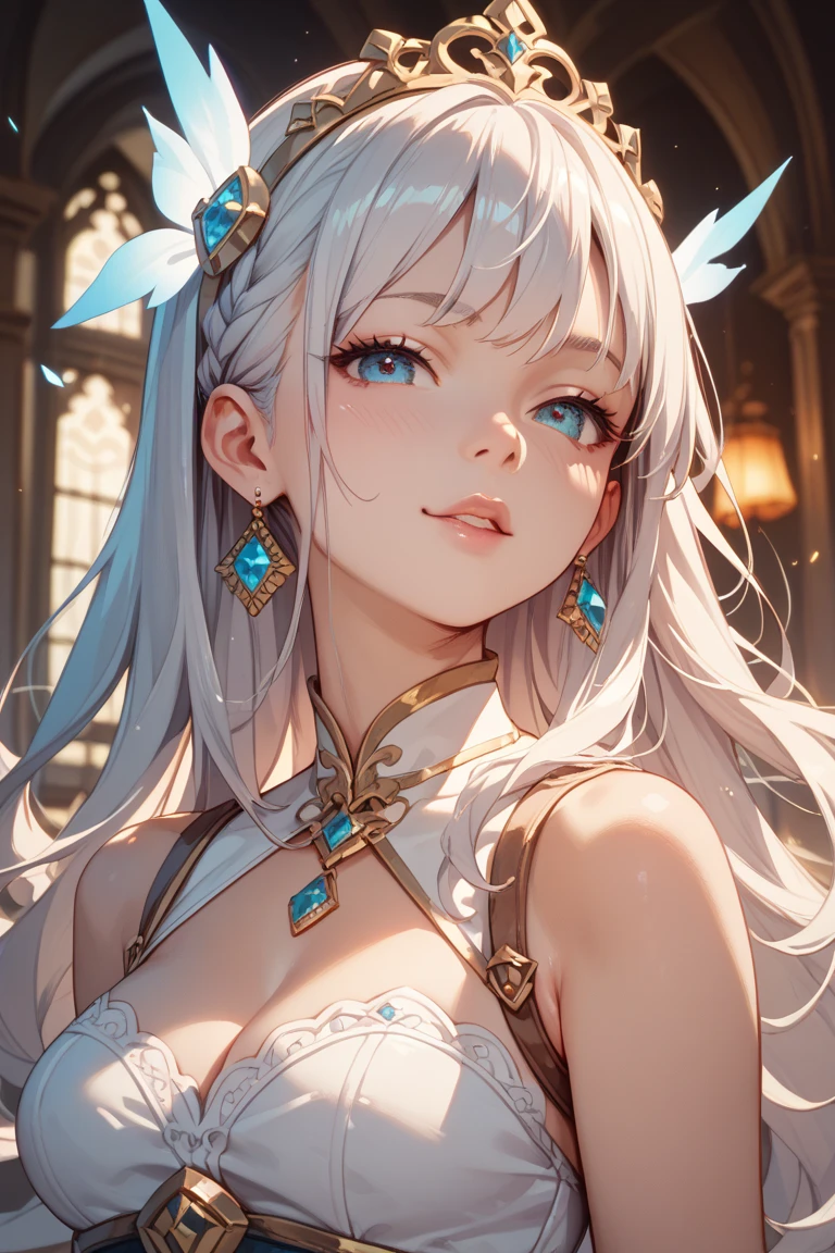 Beautiful girl, (Platinum hair), ((hair stuck,  high ponytail, ballerina bun, without bangs)), face perfect, innocent smirk, trunk,(cerulean eyes), (yan), (mic), (slim), ((flat-chested)), ((21 years old)), skin denture, extreme detail, charming oval face, Red lips, Pink, shining skin, detailed hair, Facial Focus, Close-up chest, gold decorative necklace, gold earrings, ((1 girl)), Embarrassed expression, elf ears