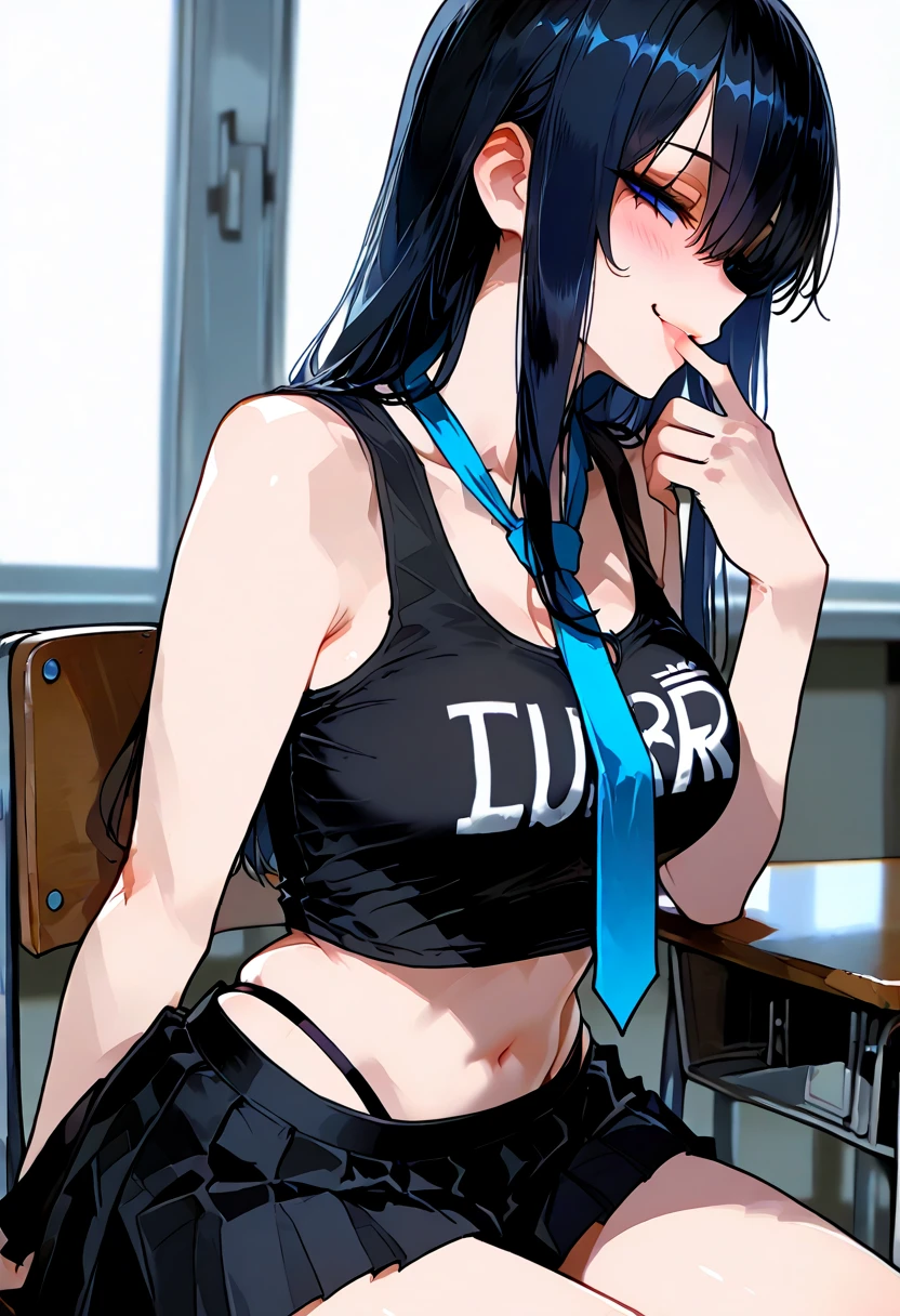 ponytail, school uniform, purple eyes, big breasts, white underwear, shoulder straps are out of place, bra is out of place, panties are taken off, upper body close-up, angry expression, blush