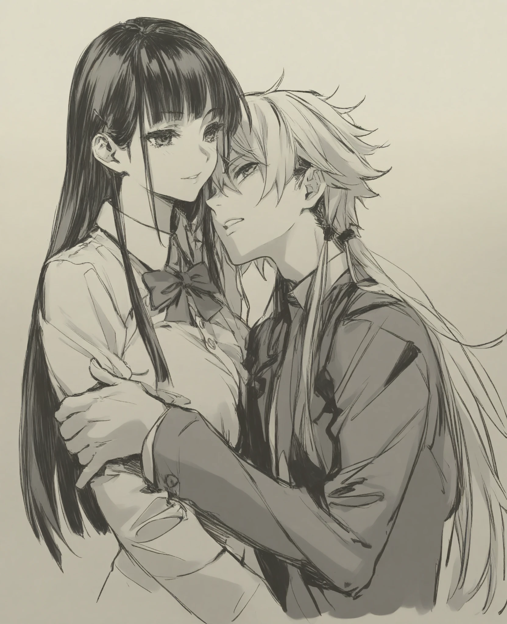 (32K:1.9, Highest quality, masterpiece, Ultra-high resolution), Perfect dynamic composition:1.3, Highly detailed skin and facial textures:1.3, Cute sexy slim Japanese schoolgirl, Tall and slim man, (They both close their eyes:1.3, Man hugging woman:1.3), Fair skin, ((Clarity:1.1)), (Man is anime「幽☆遊☆白書」Fox Demon Kurama&#39;s Face:1.3, Man is anime「幽☆遊☆白書」Nine-Tailed Fox Demon Costume:1.3, Long silver-blonde hair, Rainbow Eyes:1.5), (The woman is wearing a uniform with a red tie:1.3, Straight black hair.:1.3, smile:0.9, A man completely charms a woman:0.9, beautiful Blue Eyes, beautiful, Clear Eyes:0.8), Sexy Face:0.4, blush:1.1, (beautifulエロティシズムを醸し出す雰囲気:0.8), Professional random camera work, Cinematic Lighting Effects, (Full Body Shot), (Too erotic), romantic, mysterious, Object of admiration, original, dramatic, artistic, Innovative, charm, Heartful, Fancy, Tilt, sense of loss, special, exciting, Extreme, sense of openness, joy, joyの表現, ((若さのcharm, 女性的なcharm))