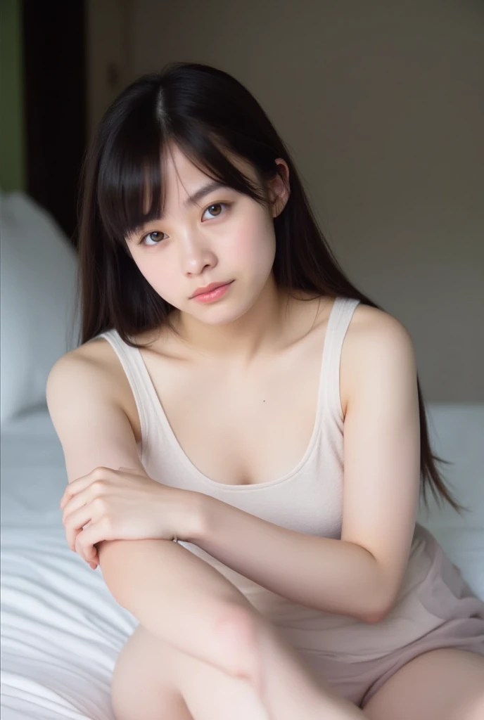 ((highest quality), 4k, High resolution, masterpiece),
(Full Body Shot:1.6), (Looking Down from Above:1.7),
Bright Morning:1.7, (flat lighting:1.8),
((Staring into the camera:1.6)),
a perfectly beautiful girl(neat and clean:1.4, (delicate:1.6), (young:1.6), cute, slim, thin, Pale skin, japanese junior high school girl:1.3),
detailed beautiful face((baby face:1.7), small face:1.7, No makeup, Moist lips, parted lips:1.7, (protruding ears:1.6)),
Beautifully detailed eyes(Symmetrical eyes, Dark brown eyes, Big round eyes:1.7, Shining Eyes, double eyelid, Delicate eyebrows, delicate eyelashes, (eye bags:1.6)),
young body(Delicate clavicle:1.3, Narrow shoulders:1.2, flat chest:1.1, (Short torso:1.1), small nippl pussy with nrs:1.2, Thin arms, low chest, Tight waist:1.3, small ass:1.3, Thin leg.4, Thin thighs:1.4, Thin neck, flat abs:1.1),
hair bun, open forehead, (no panties:1.6),
(mis sex on bed spreading legs:1