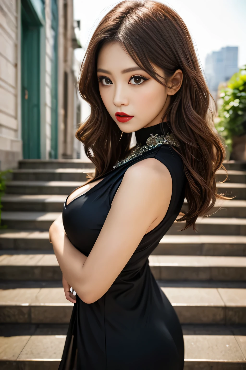 Best Quality, Highest Resolution, Realistic, Detailed, Various colors, (Soft focus:1.2), Masterpieces, (Big breasts:1.3), Glossy skin, Heavy makeup, Red lips, Closed mouth, (Bangs, Short updo), Beautiful woman,
She's strong and intimidating, Villainess, Glamorous body, (Condescending gaze, She will charm with gaze), Overbearing behavior, Upper body, From below, Looking at camera,
(Elaborate off shoulder dress), (Small earrings with attention to detail, Bracelet),
(Pedestrian bridge, stairs, Standing)