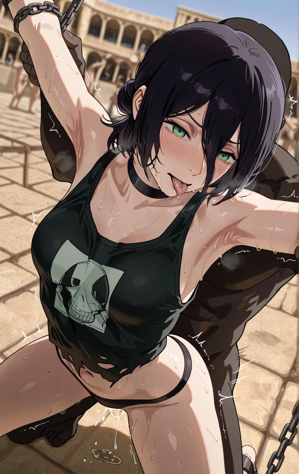 a man defeat a girl. A young, cute, bloody, bruised, sweaty Japanese female street fighter and a male fighter are fighting so hard in a back alley. She is lying down. she is knocked out terribly by him. She has short-cut black hair. She is crying. Both eyes half closed. Short of breath. Drooling from the mouth. Denim shorts. Open finger gloves. Erect nipples.