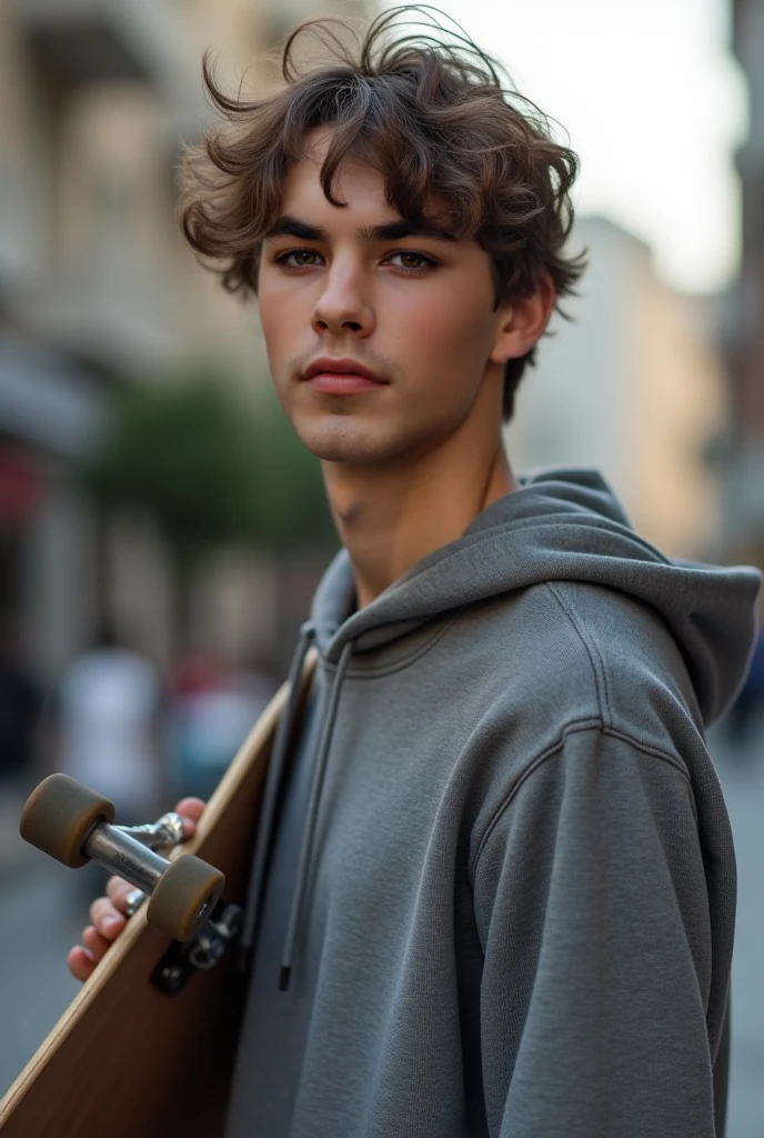 A 16 year old white boy with a sharp jaw and some freckles with slightly short hair...., Slightly messy wavy hair and green eyes..... Height of 1.85 with a classic style, a daring look, with headphones