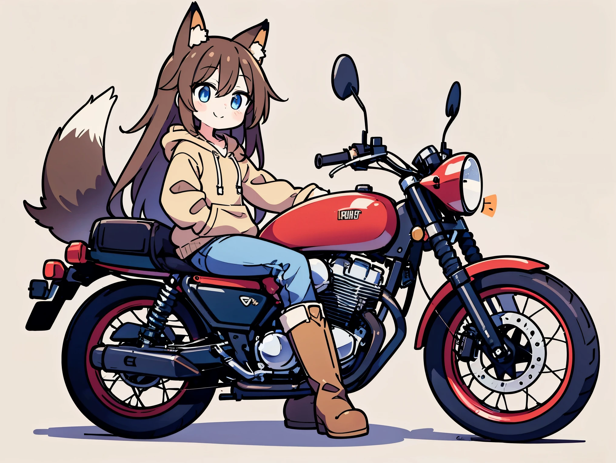 anime style、 cute face、 Female 1、 fox ears、 caramel brown hair、tail、long hair、 beige hoodie、jeans、boots、blue eyes、smile、simple background、riding a motorcycle、