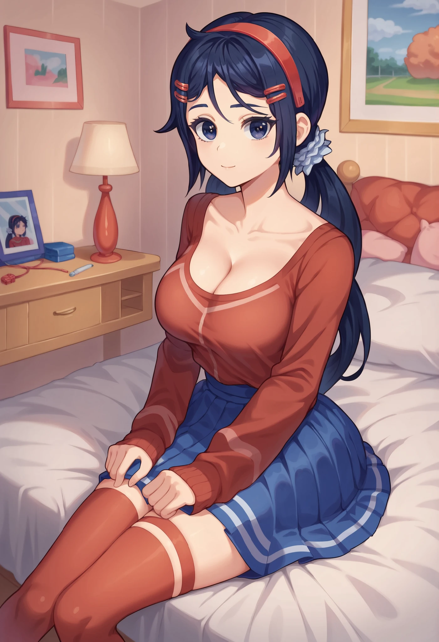 score_9, score_8_up,sharp focus,, absurdres, highres, illustration, mi_ta, 1girl, dark blue eyes, dark blue hair, braids hair, hairband, scrunchie, barrette pins, blouse, skirt, red stockings, CLEAVAGE, large breasts, looking at viewer, solo, bedroom, sitting, on bed