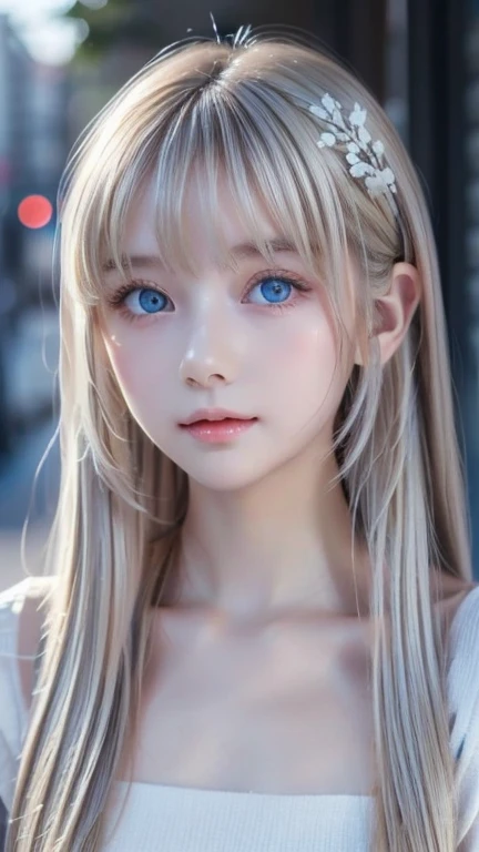 Highest quality、masterpiece、Ultra-high resolution、(Photorealistic:1.4)、1 Girl、14 years old、The ultimate beautiful girl、Very beautiful shiny light pale blonde hair、Super long straight silky hair、bangs over eyes、片bangs over eyes、Blonde hair between the eyes、Blonde hair hanging in the center of the face、Big, very bright, pale blue eyes that shine beautifully、Very big bright eyes、Eye highlights、shoulder、Charm、Looking at the camera、Very white and bright skin、Small Face Beauty、Round face、A shy, gentle and bright expression、Looking up、Cheek gloss highlighter