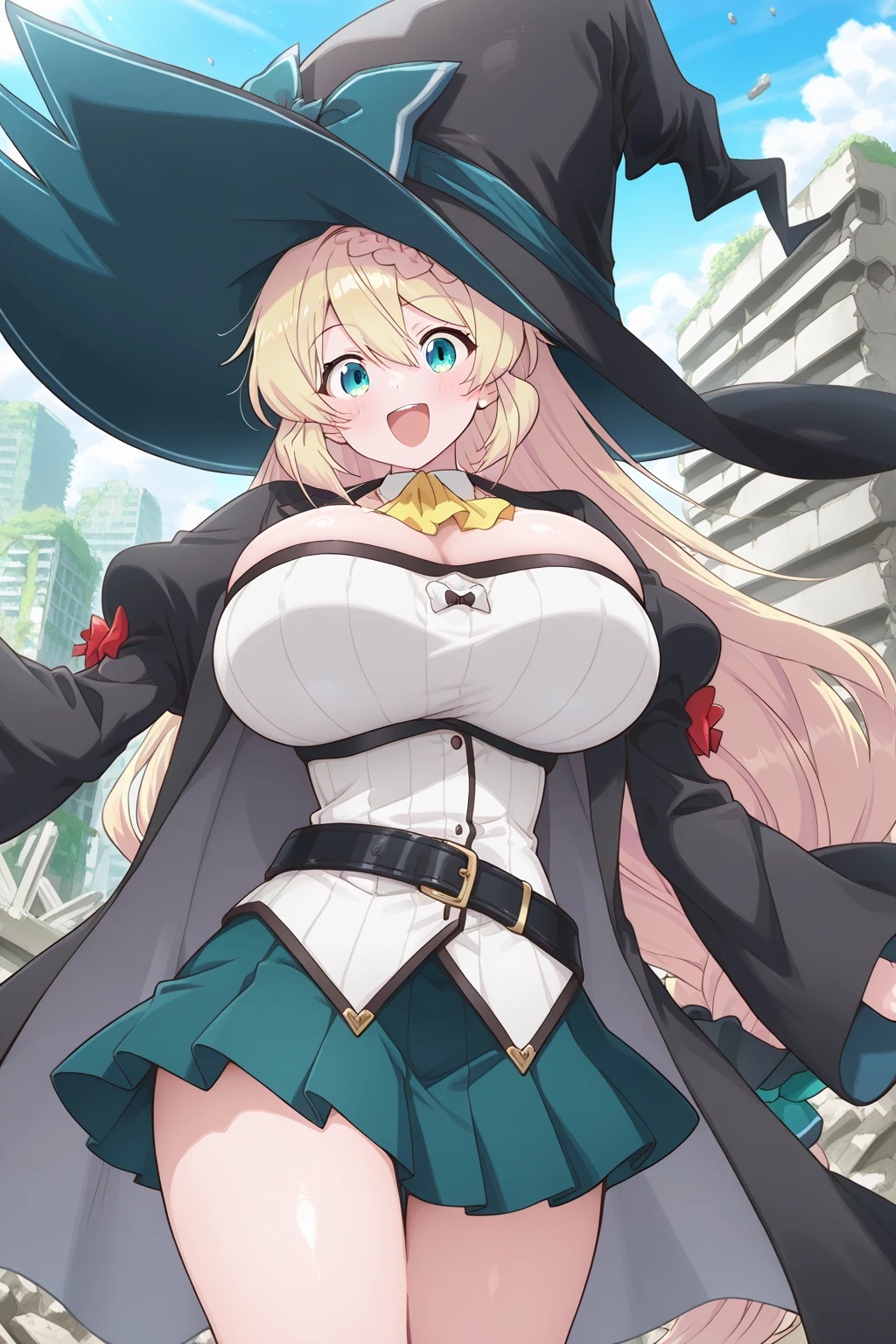 (anime,anime style:1.3), fantasy, one more naked very sexy lady wearing black slingshot swimsuit, very giant breasts, Female knight, sexy pose, cleavage cutout, 1girl, solo, nature, chest twice the size of the body, (gigantic tits:1.5), (gigantic tits)+++,gigantic cleavage breasts, Big milk,Super burst breasts, (gigantic breasts)+++, chubby++, plump, curvy, ssbbw, blonde hair, long hair, huge breasts, smile, super highkeg, looking at viewer, thigh high socks, elbow gloves, (big black witches hat:1.3), shiny skin, open mouth, orgasm, highleg leotard, bare shoulders, robe