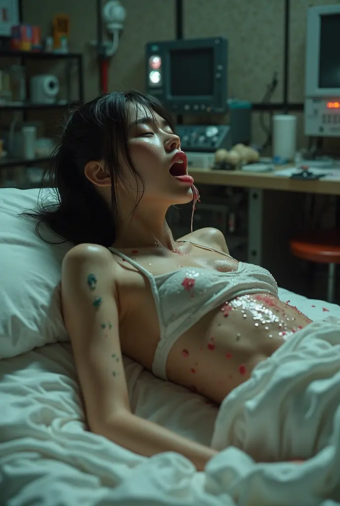 Girl lying on an old stretcher, she has an expression of horror because she is kidnapped, she is wearing a skirt, a green open jacket, and on her chest she has some old bandages with dried blood, and underneath them come out 2 cables that connect to a car battery next to her, and has her abdomen uncovered, revealing her navel