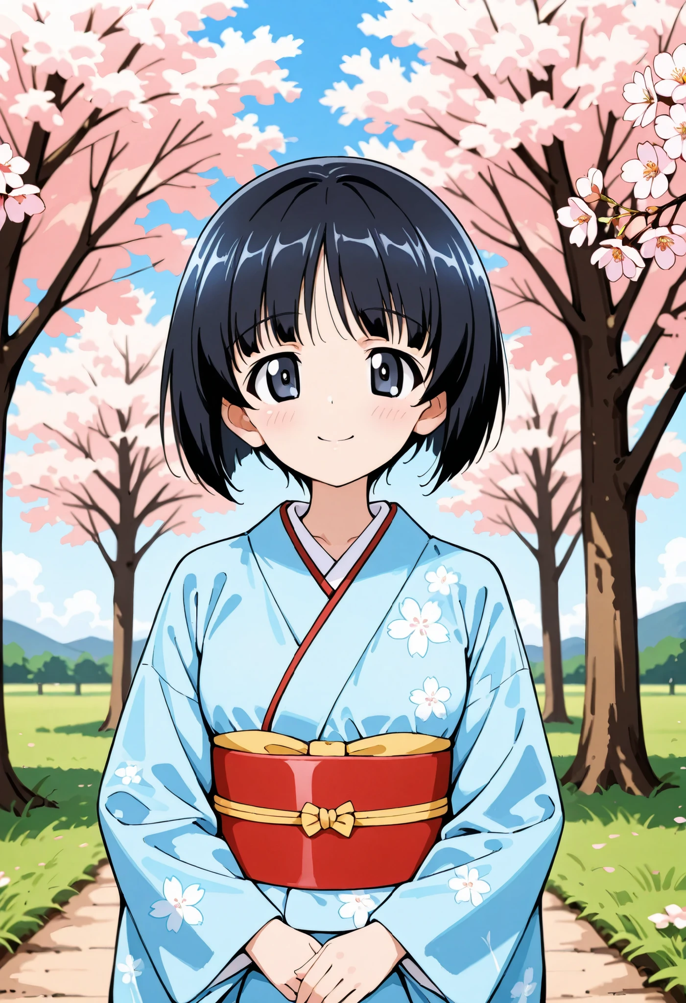 Highest Quality, details, high resolution, 8k, 超high resolution, Soft Saturation, shot from the front、1 girl on break day, solo,Midoriko I'm \(girls&panzer\),black hair、bobbed head、masterpiece , light blue kimono (Japanese kimono:1.2), (振袖 cherry blossomsの模様)、cowboy short、outdoor、cherry blossoms並木、cherry blossoms