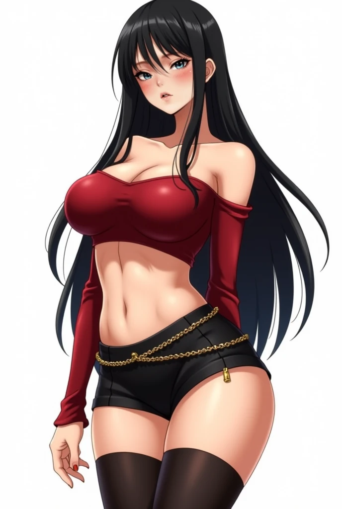 ultra realistic 8k cg, masterpiece, ((ultra detailed background, delicate pattern, intricate detail, highly detailed, fine details best quality, hyperdetailed face)), gigantic breasts ,beautiful lighting, absurdres, BoaHancockV2, 1girl, solo, black hair, long hair, jewelry, closed mouth, ), (red latex crop top, turtleneck, bare shoulders, red split skirt, underboob, earrings, blue eyes, complex detailed background, inside, luxury palace), ((cowboy shot)), curvy, gigantic breasts, seductive smile
