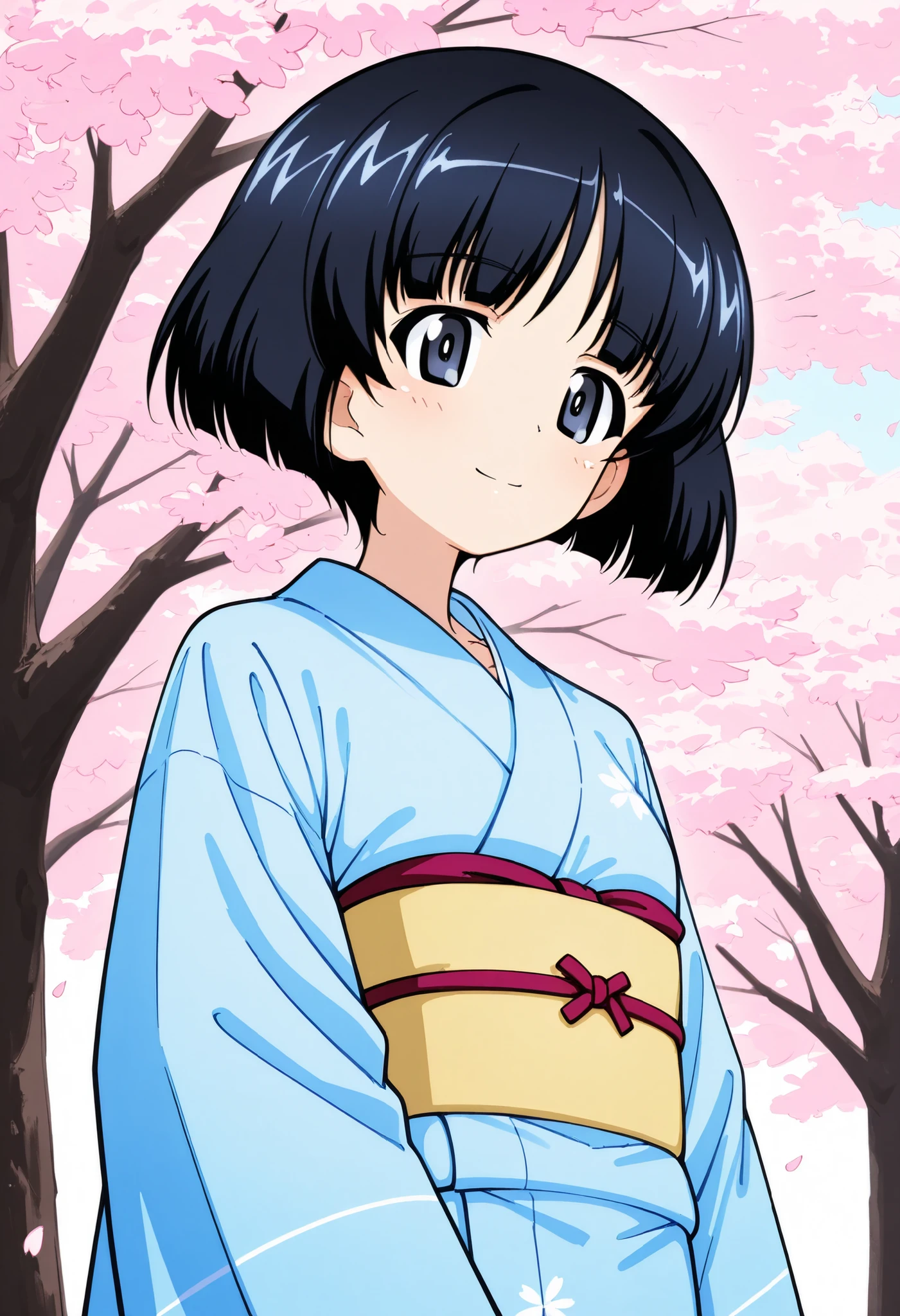 Highest Quality, details, high resolution, 8k, 超high resolution, Soft Saturation, shot from the front、1 girl on break day, solo,Midoriko I'm \(girls&panzer\),black hair、bobbed head、masterpiece , light blue kimono (Japanese kimono:1.2), (振袖 cherry blossomsの模様)、cowboy short、outdoor、cherry blossoms並木、cherry blossoms