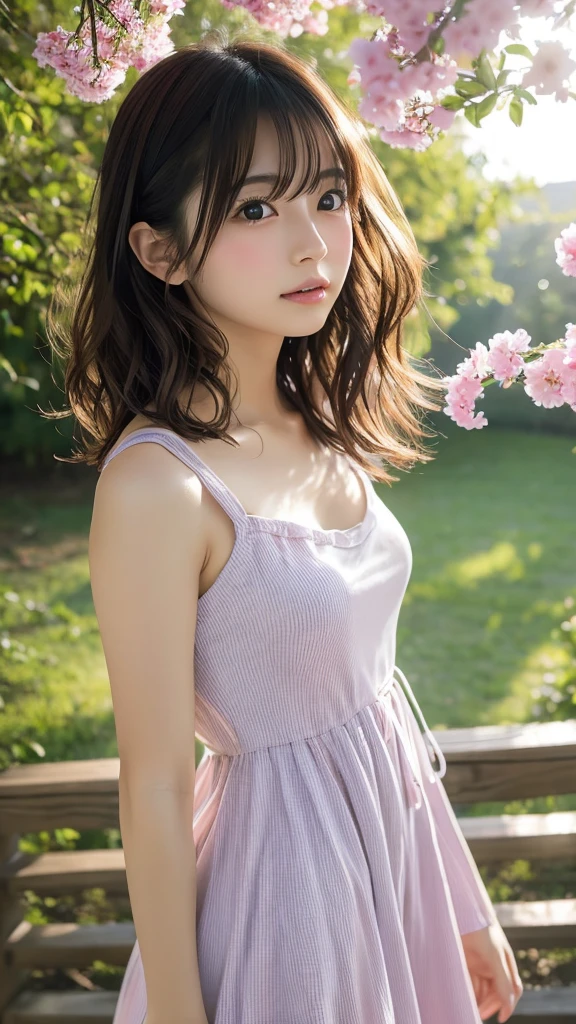 ((of the highest quality, 8K, masutepiece: 1.3, Raw photo)), Sharp Focus: 1.2, (1 AESPA Girl :1.1), (Solo: 1.2), (Realistic, Photorealistic: 1.37), (Face Focus: 1.1), Cute face, hyper detailed face, Small breasts, flat chest, Short messy hair, Small Smile, (sheer fabric:1.2), (flower pattern off-shoulder chiffon dress:1.3), spread legs, garden, rose