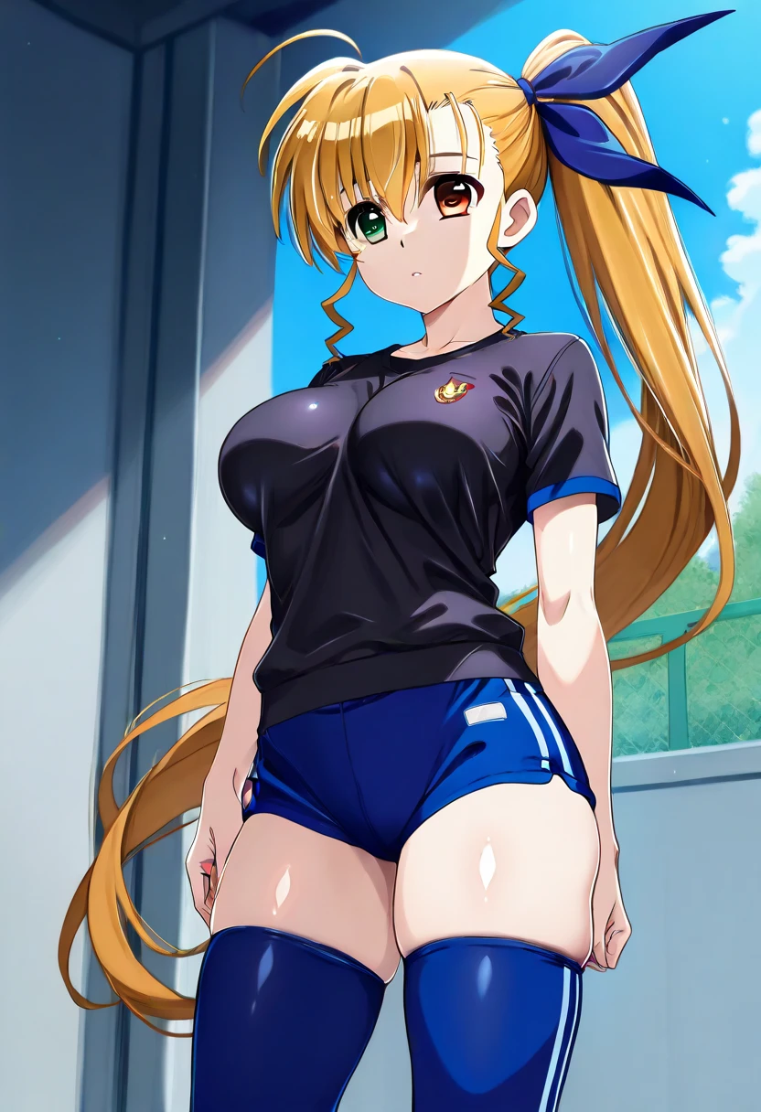 mastute piece,Best Quality,insanely detailed,8k cg,nsfw,
(shoot upper body:1.3),
(1girls:1.3),standing,looking at viewr,body in front,both arms behind back,(Blue baton twirling uniform),(bare breasts:1.2),(bare crotch:1.2),
break,
blush,shy,(trembling:1.2),(Yellow Hair:1.4),
break,
perfect breasts,perfect teats,(open mouth:0.9),(large breasts:1.2),
indoor sports field,