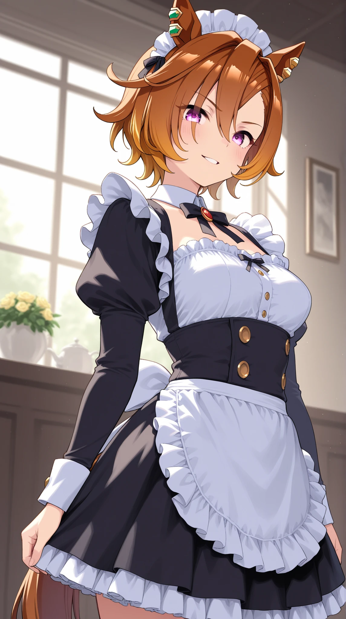 igawa, huge breasts, flipped hair, hair between eyes, blue eyes, blonde hair, maid,cowboy shot, standing, looking at viewer, mansion, night,happy,