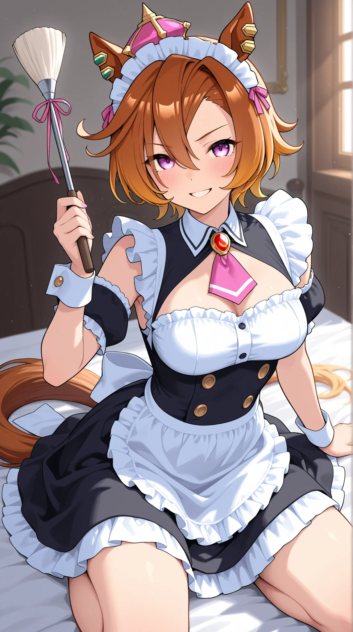 (((beautiful gothic maid woman:1.3)),(((emphasizing :1.3))),(Dynamic angles),(Dynamic and sexy beng pose:1.3),(sit on the bed and look up at the camera:1.3),(Short hair in shiny silver and orange inner colors,large full breasts,Dice of clothing due to movement,breast slip,(Ponywisted buns adorned with elaborate braids and beads,Braided Setup Fishbone Hair),(see-through bangs),Huge breasts、(((A lace apronhows your bare skin from under your big breasts.....)))、Blush withent、Enraptured eyes、A smile that beguiles the viewer、(Look back:1.7)、Look into the photographer,skin glistening with sweat,gazing at viewer,(Professional Lighting),(8K,3D images,masutepiece,top-quality,Ultra-high resolution output image,),(Ultra HD with complex detail image modes),depth of fields,Beautiful hands,Beautiful fingers,Detailed finger features,(Detailed hair features:1.7),detailed facial features,detailed clothes features,