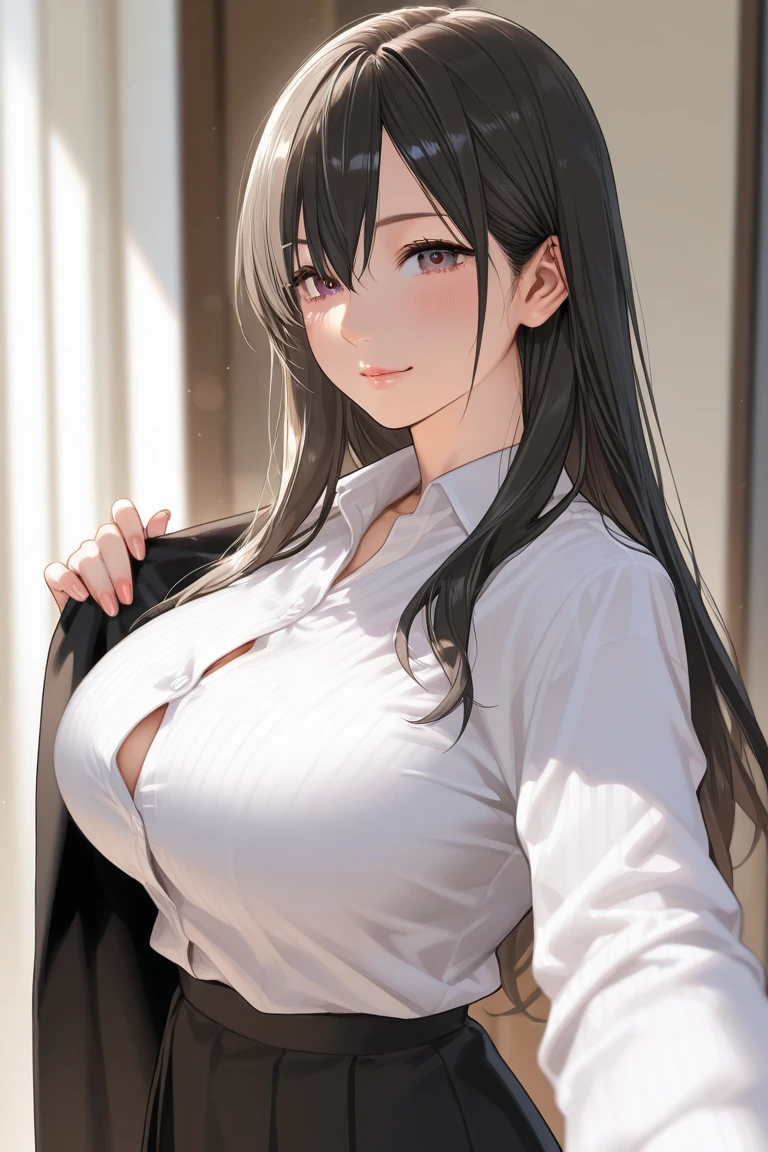 popped collar ,High collar,White shirt,Sexy woman,smile,whole body,