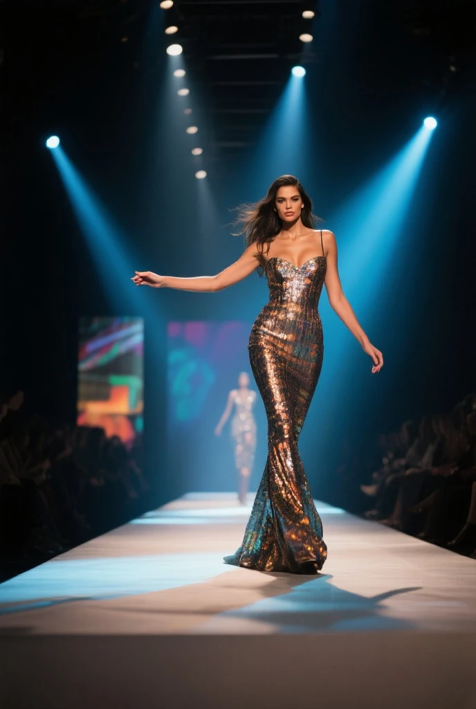Imagine a breathtaking scene set against the backdrop of the stunning Northern Lights in Tromsø, Norway, where a mesmerizing woman stands gracefully amidst the celestial display. She is dressed in a glamorous evening gown, its fabric shimmering like the dancing auroras above. The dress is elegantly tailored, featuring a plunging neckline that accentuates her flawless décolletage and a thigh-high slit that reveals a glimpse of her sculpted legs. Every detail, from the intricate beading on her gown to the perfect curls of her hair, is rendered with lifelike precision. The image is a true masterpiece, captured in stunning 8K resolution with cinematic colors that capture the ethereal beauty of the Arctic night sky.