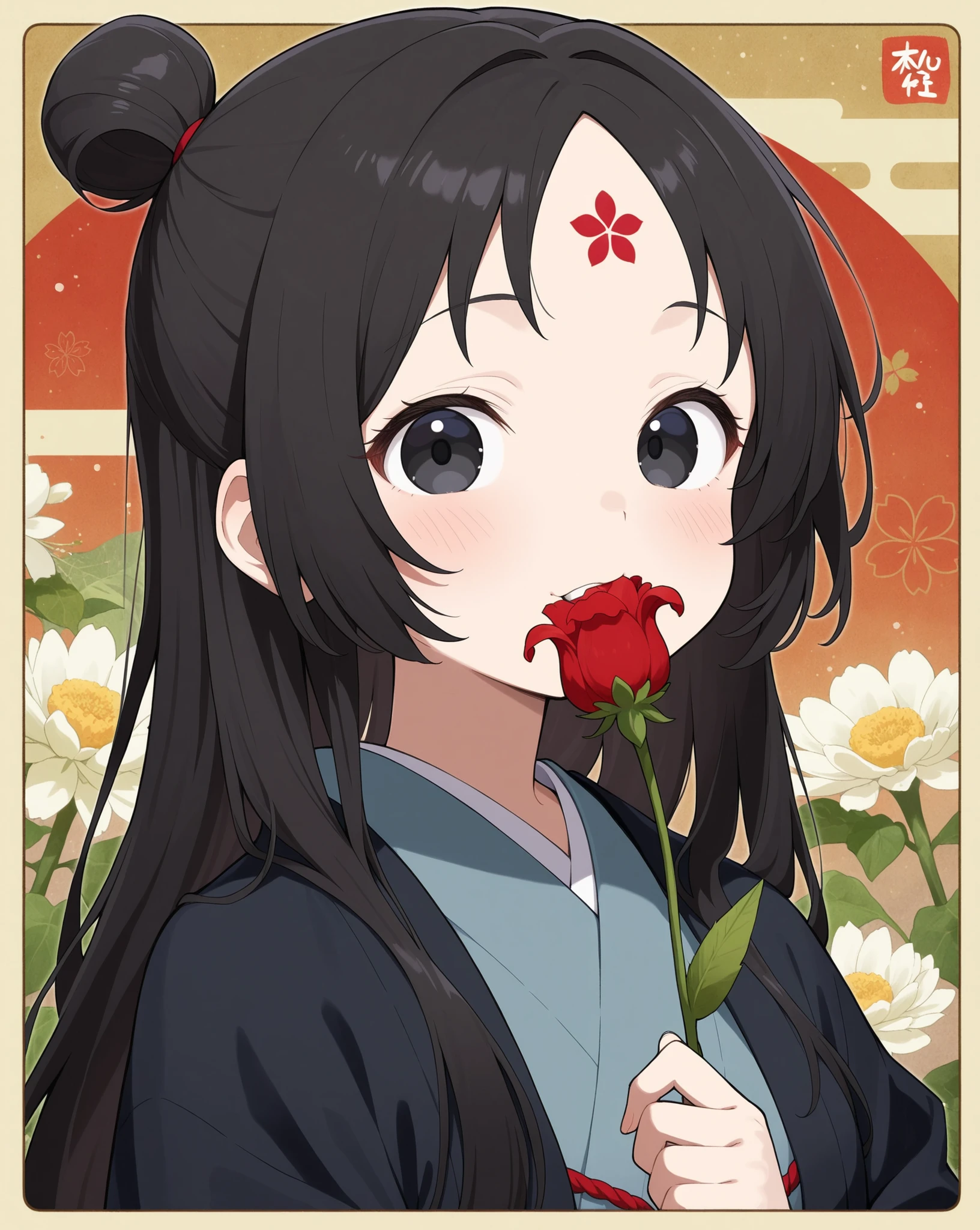 female, black eyes, Flower mark on the forehead,    Japanese style taste 