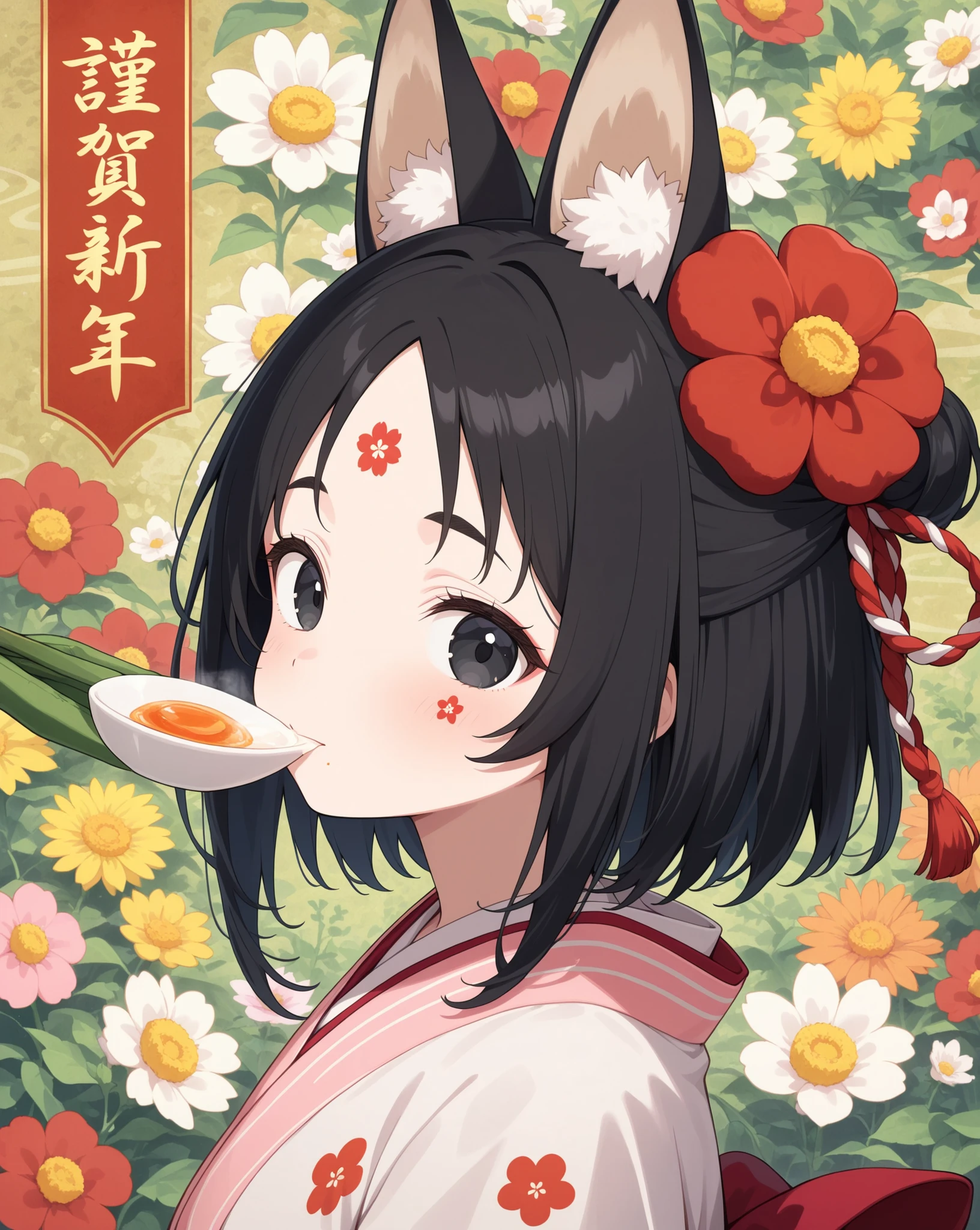 female, black eyes, Flower mark on the forehead, Japanese style taste