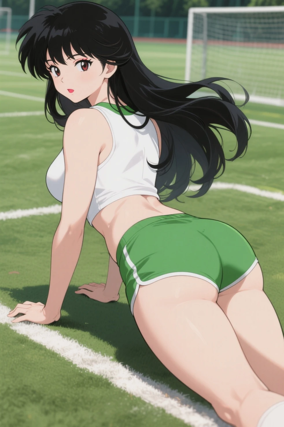 track and field athlete、athletics stadium,、athlete、Beauty、squat with your knees up、buttocks emphasis