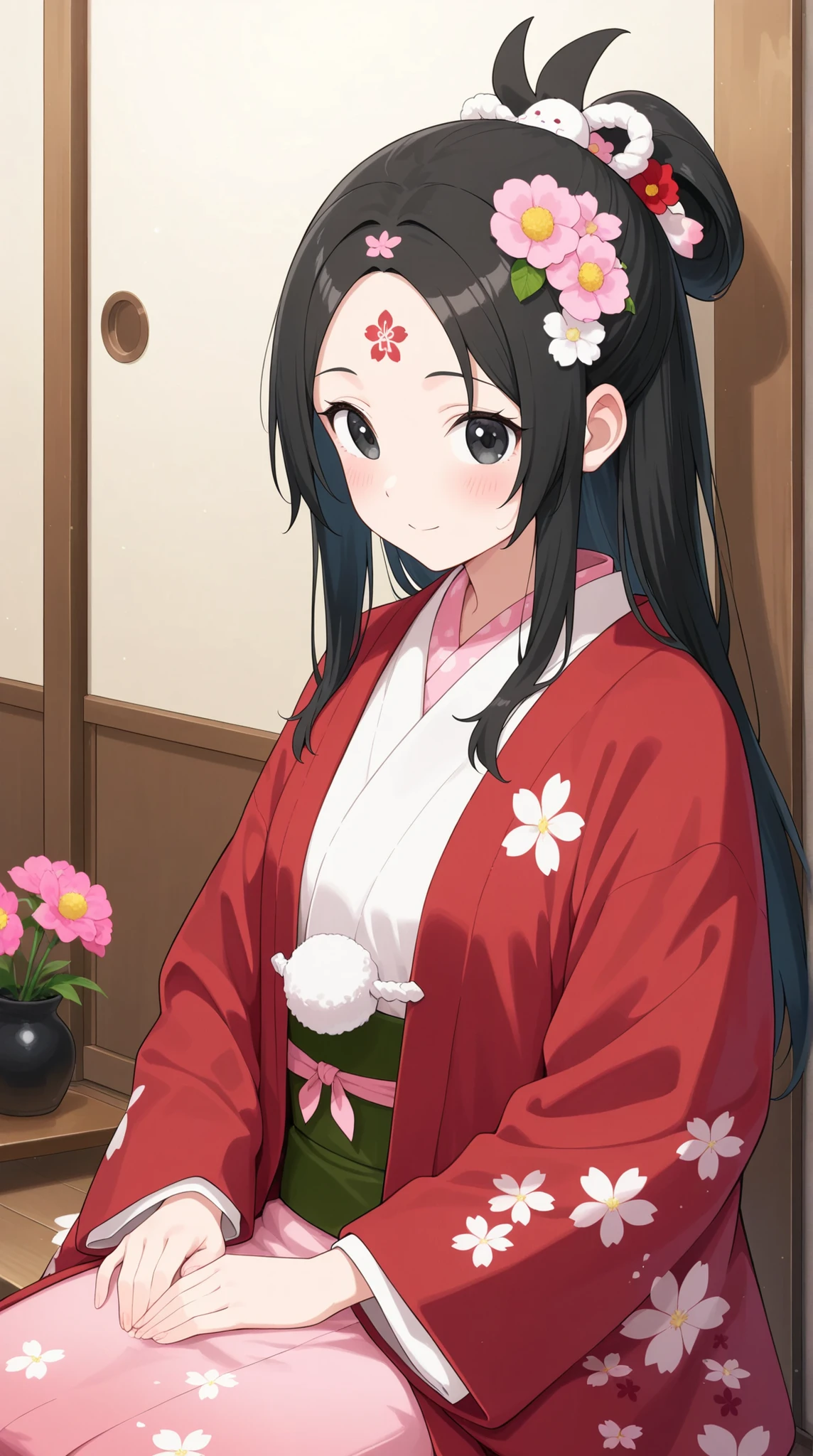 female, black eyes, Flower mark on the forehead,    Japanese style taste 