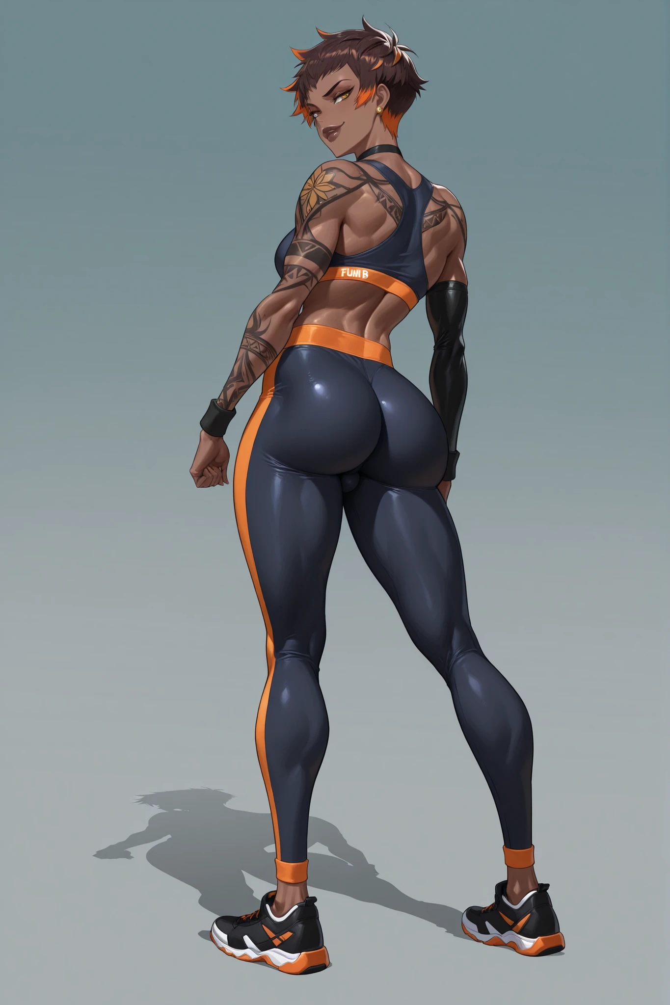master piece, high quality, 4k uhd,hires, source_anime,solo, futanari, gold eyes, black spikey hair, anime spiked pixie cut, orange highlights, dark brown skin, glossy skin, athletic, cocky smirk,bimbo lips, dark brown lips, abs, sports bra, yoga pants, (full sleeve arm tattoo), hand on crotch, bubble butt, long legs full body