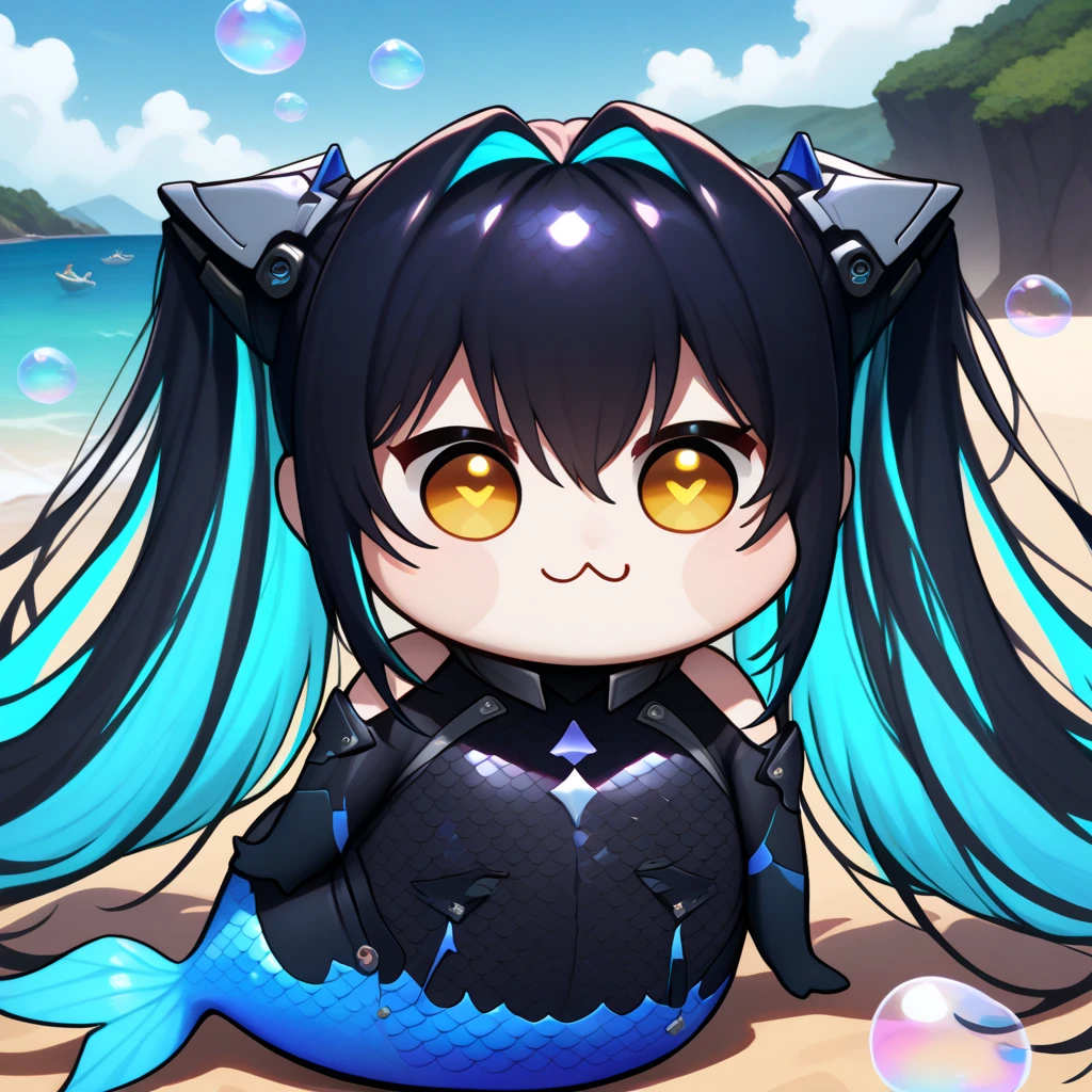 masterpiece, best quality, absurdres, perfect anatomy, 1girl, solo, blue hair, black hair, long hair, red eyes, cialadef, horns, pointy ears, leotard, cleavage cutout, elbow gloves, hands on hips, smirk, chibi, full body, big head, beach <lora:uminociala-vtuber-richy-v1:1>