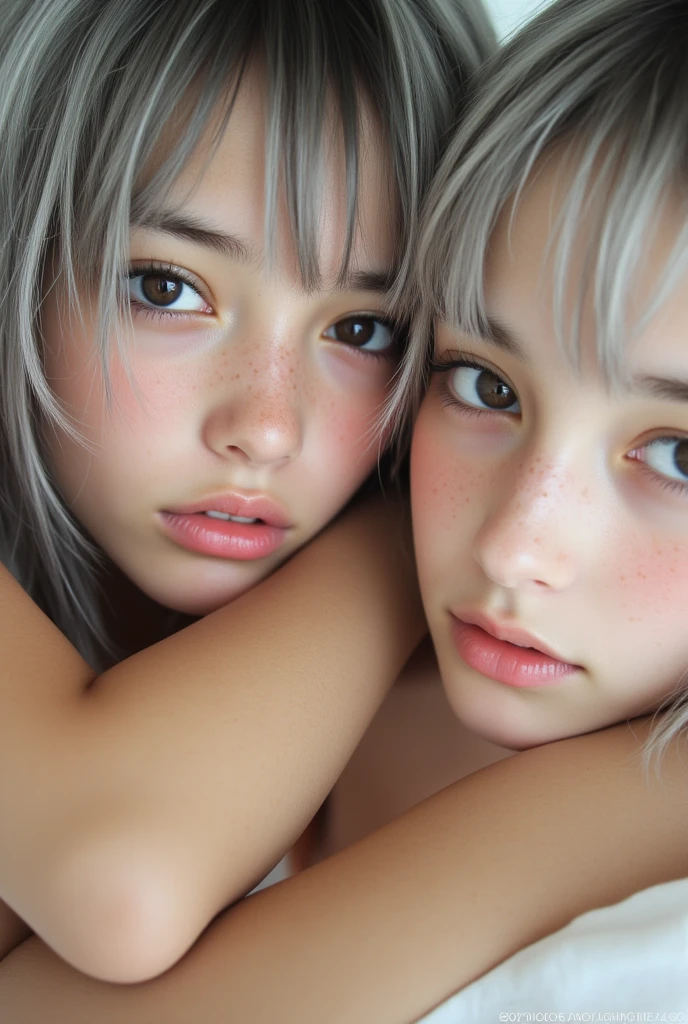 ((top-quality, Photorealsitic:1.4, masterpiece:1.3, RAW Photography:1.2, cinematric light, very detailed illustration), , (ultra delicate face, ultra Beautiful fece, ultra delicate eyes, ultra detailed nouse, ultra detailed mouth, ultra detailed facial features), (medium breast:1.3), skiny, lipgloss,
a beautiful woman, ((gray hair)), ((short bob cut)), hair in 7 thirds, light blue eyes, detailed skin, freckled skin, 20 years old, ((wavy hair)), ((hair over one ear)), ((Forehead)), ((1girl, solo)),　smile, (nsfw:1.5), vaginal,sex, woman on top, cowgirl position　fullbody