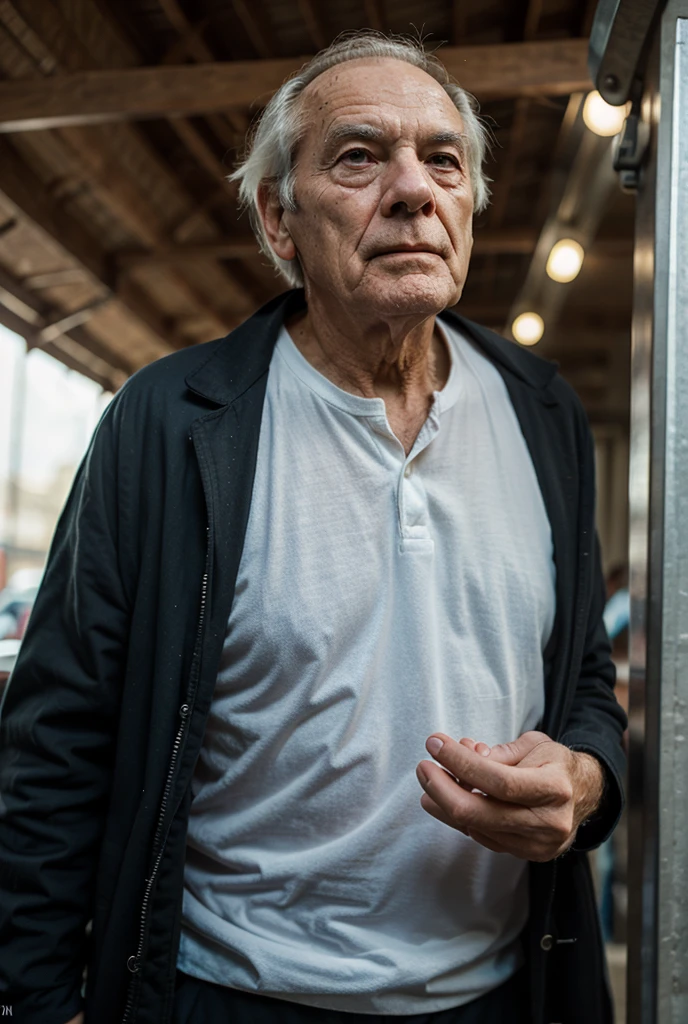 Very thin old man, long gray hair, ragged clothes, begging on the street, America, fallen state, gloomy lighting