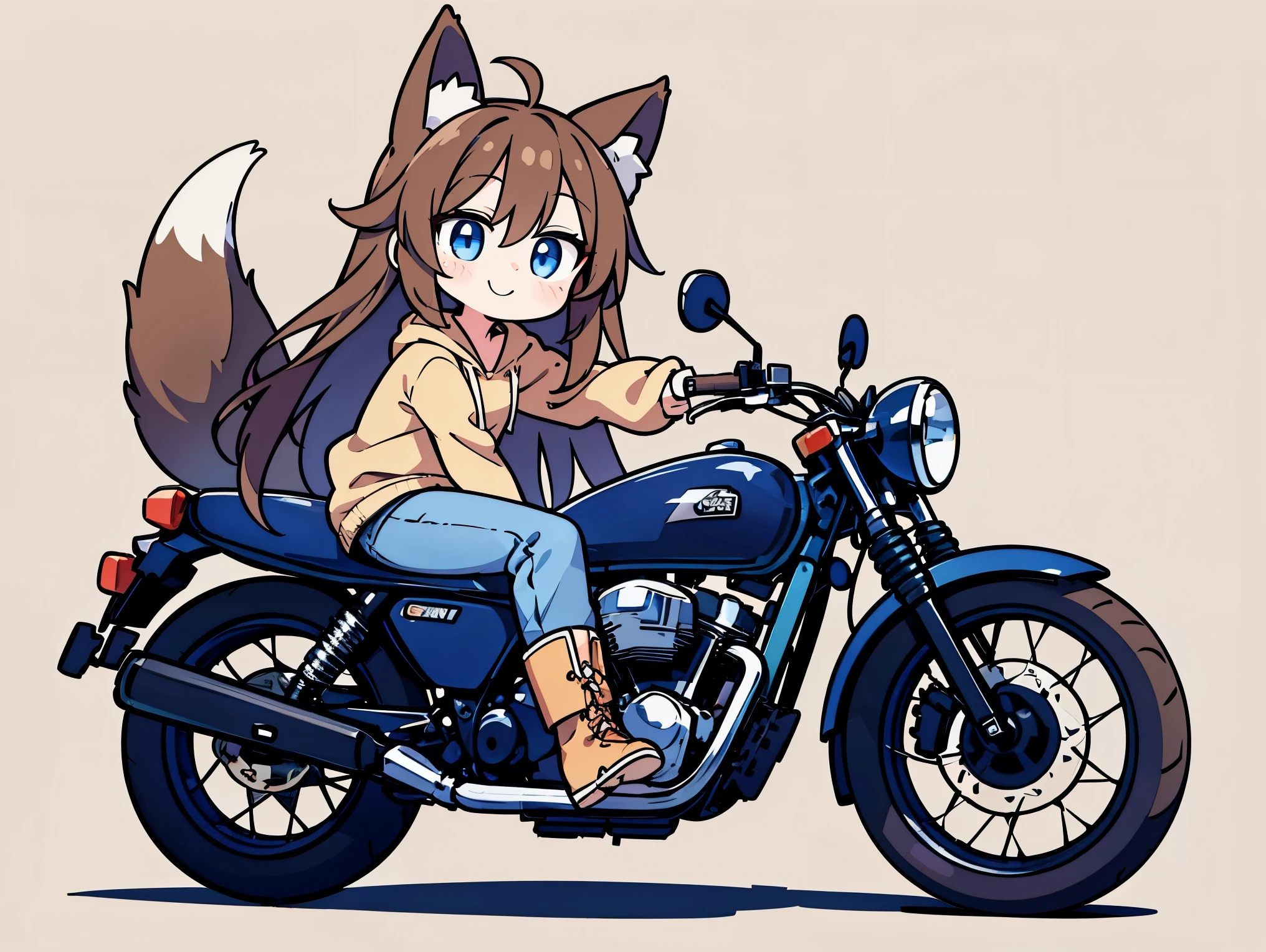 anime style、 cute face、 Female 1、 fox ears、 caramel brown hair、tail、long hair、 beige hoodie、jeans、boots、blue eyes、smile、simple background、I'm riding a navy blue motorcycle、