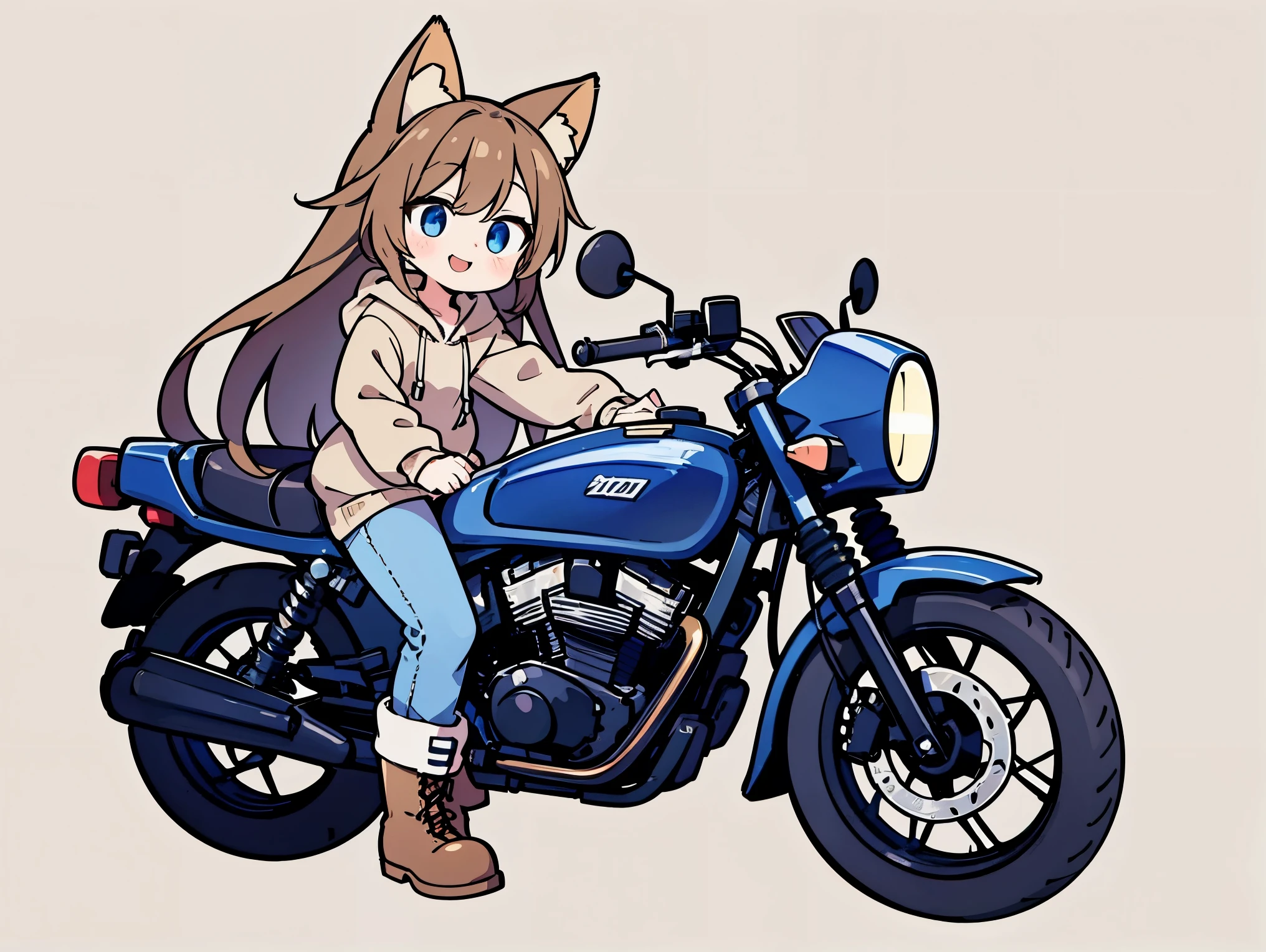 anime style、 cute face、 Female 1、 fox ears、 caramel brown hair、tail、long hair、 beige hoodie、jeans、boots、blue eyes、smile、simple background、I'm riding a navy blue motorcycle、