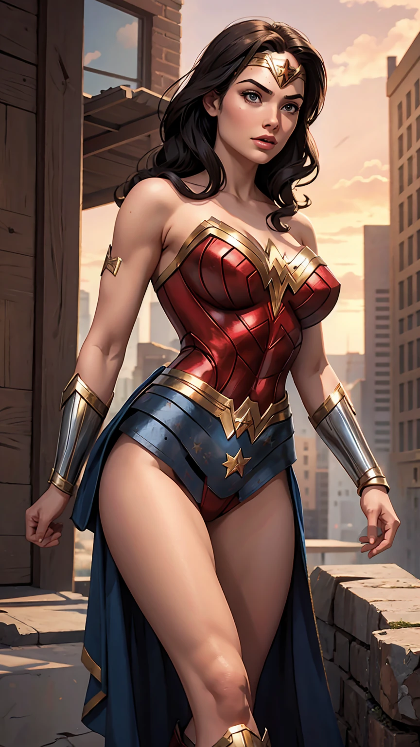 Wonder Woman, vhs effect, nostalgia, full body, Wonder Woman, (Intricate details, makeup), (Delicate and beautiful delicate face, delicate and beautiful delicate eyes, perfectly proportioned face), delicate skin, strong and realistic blue eyes, realistic black hair, lips, makeup, natural skin texture, tiara, jewelry, star \(symbol\), leotard, bulletproof gauntlet, Red boots, golden belt, (public clothing: 1.5), bare shoulders, slightly sunburned complexion, mature, sexy, elastic muscles, (muscles: 1.2), ((strong and healthy body)), (((more) muscles))), long legs, curves, (big breasts: 1.3), cleavage, thin waist, soft waist, (delicate skin), (beautiful and sexy woman), (swollen lips: 0.9), (eyelashes: 1.2), very delicate muscles, perfect body, flexing muscles, (skin texture), intricately detailed, fine details, hyperdetailed, raytracing, subsurface scattering, diffused soft lighting, shallow depth of field, by (Oliver Wetter))neon)