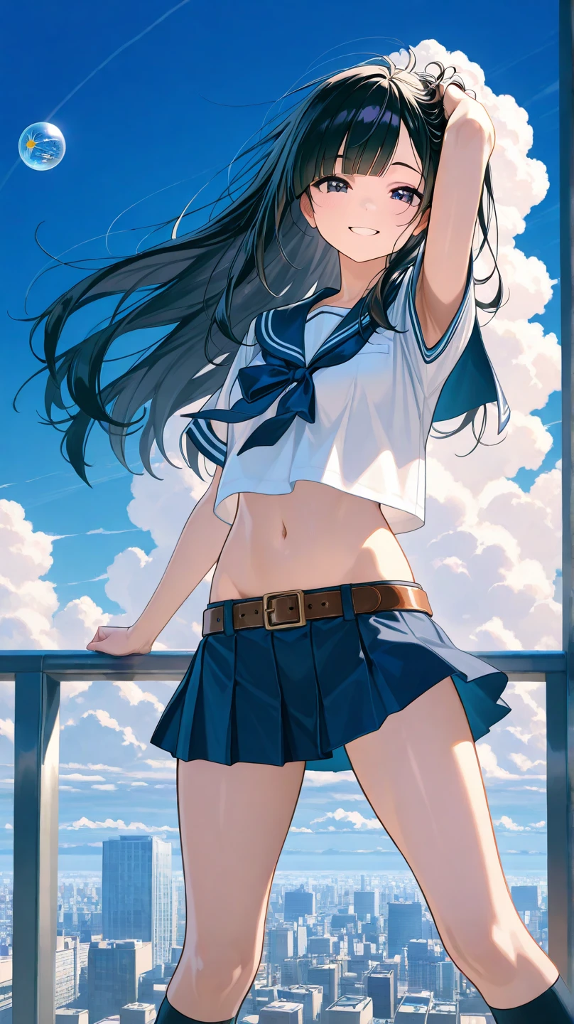masterpiece,1 girl, 18-year-old, masterpiece, beautiful girl, Super detailed, highest quality, realistic, Transparent beauty, perfect face, detailed face, deep and fine eyes, sparkling eyes, (Shiny blue beautiful eyes with reflection), glossy black hair, Long straight floating hair, light smile, blush, school sailor uniform, serahuku, crop top, (Floating mini skirt), white knee high socks, (big breasts), shot from below, looking at the viewer, park,