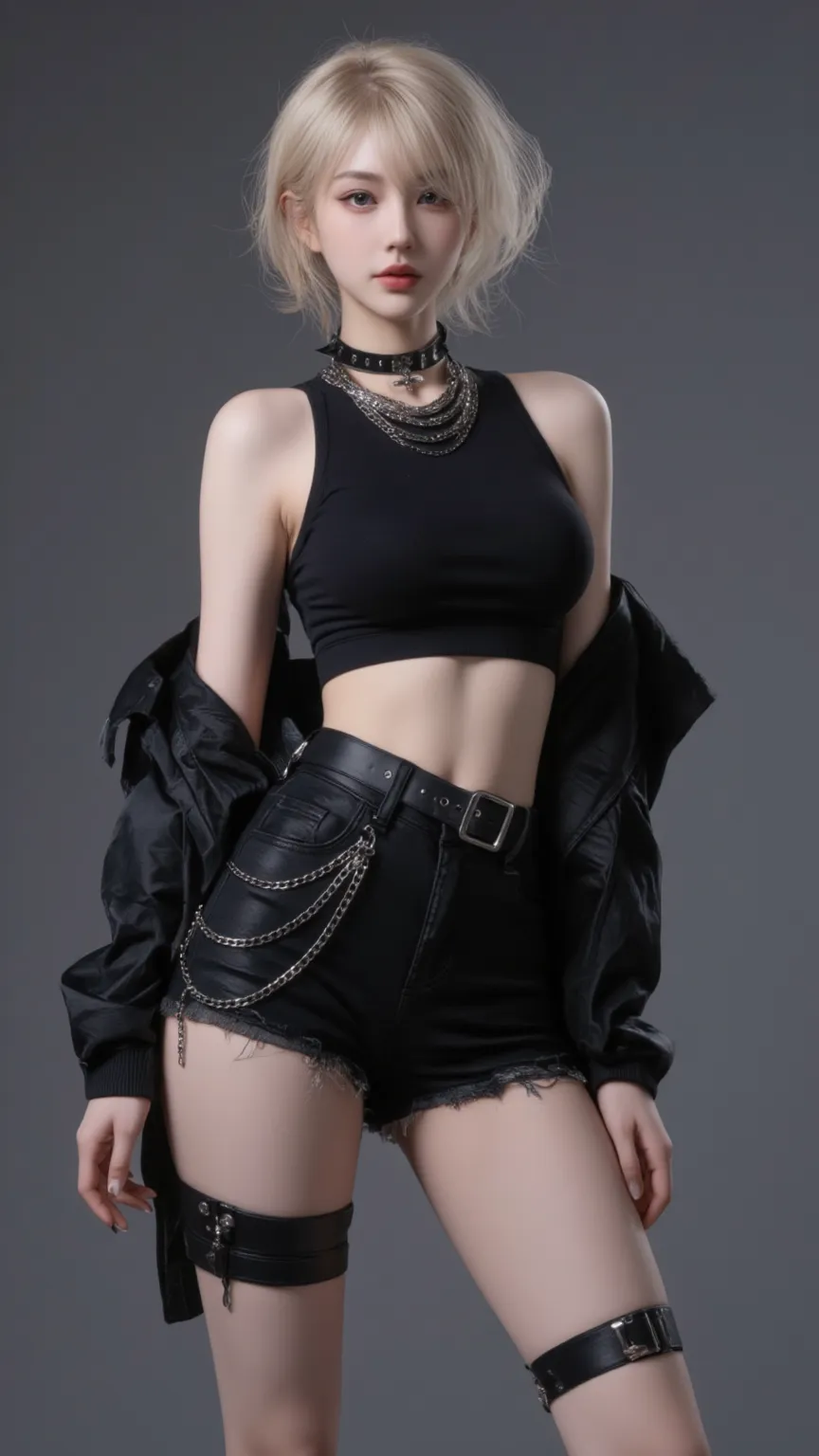 (masterpiece), Japanese girl, black hair with a Mullet haircut, black eyes, slender body, slightly long neck, dressed in a black one-shoulder crop top, with black leather jeans, with a cross necklace golden, with black Bayonetta glasses, sitting on a motorcycle, with her other hand on her hip, white background