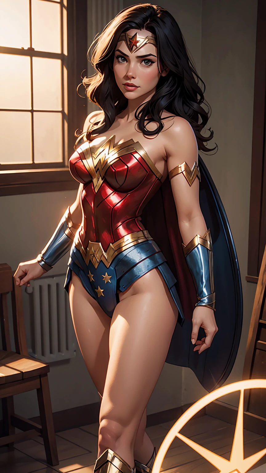 A brunette with big hair dressed like Wonder Woman is an image of strength, coragem e beleza. Here is a description of her wearing this costume:
She enters the scene with an imposing and confident presence, wearing the iconic Wonder Woman costume. Seu traje consiste em um corpete vermelho, decorated with gleaming gold details that highlight your athletic curves and powerful figure.
Uma saia azul elegante flui ao redor de suas pernas, adicionando um toque de feminilidade e graciosidade ao seu visual. Sua tiara dourada adorna sua testa, Shining in the Light, as her determined gaze shines behind her.
Ela carrega o Lasso da Verdade em seu quadril, a symbol of your ability to reveal the truth and fight for justice. Your shining shield and sharp sword are ready to face any challenge that comes your way.
Seus cabelos escuros caem livremente sobre seus ombros, adding a touch of mystery and wild beauty to your look. Her makeup is flawless, enhancing your natural features and adding a subtle shine to your eyes and lips.
With every step she takes, their presence is a reminder of the power and determination of women as warriors and defenders of justice. She is a true hero, ready to face any challenge that comes her way and protect the innocent with her unwavering courage and bravery.