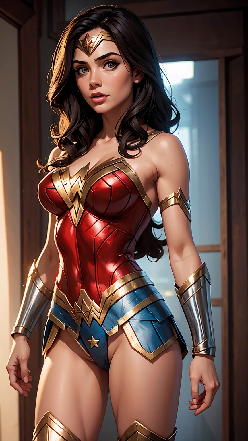 Cinematic soft lighting illuminates a stunningly detailed and ultra-realistic Wonder Woman bodybuilder, muscular, super strong, red and blue armor, that is trending on ArtStation. Octane is the perfect tool to capture the softest details of this 16k photography masterpiece