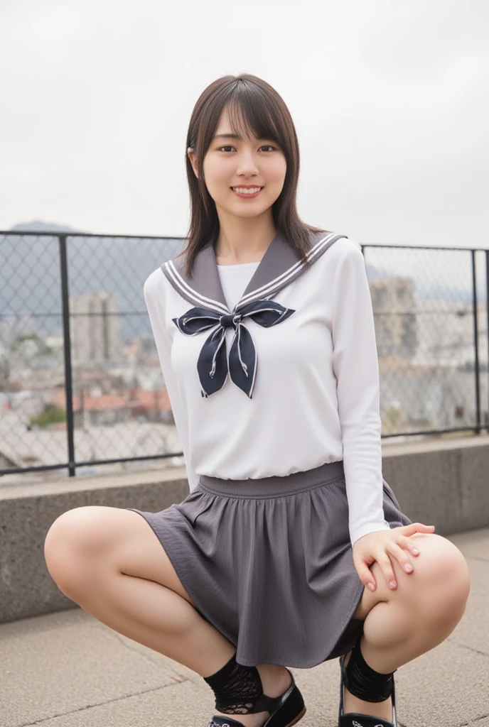 ((highest quality、8k、masterpiece:1.3)),((((fullbody shot)))),Ultra-high resolution,big eyes,Japanese,bangs,(a girl),(1 girl),((20 years old)),((facing at viewer)),(long hair),(((black sailor uniform))),grin,((sitting on chair)),(pleated mini skirt),(((pussy))),(((open legs))),((skirt lift))