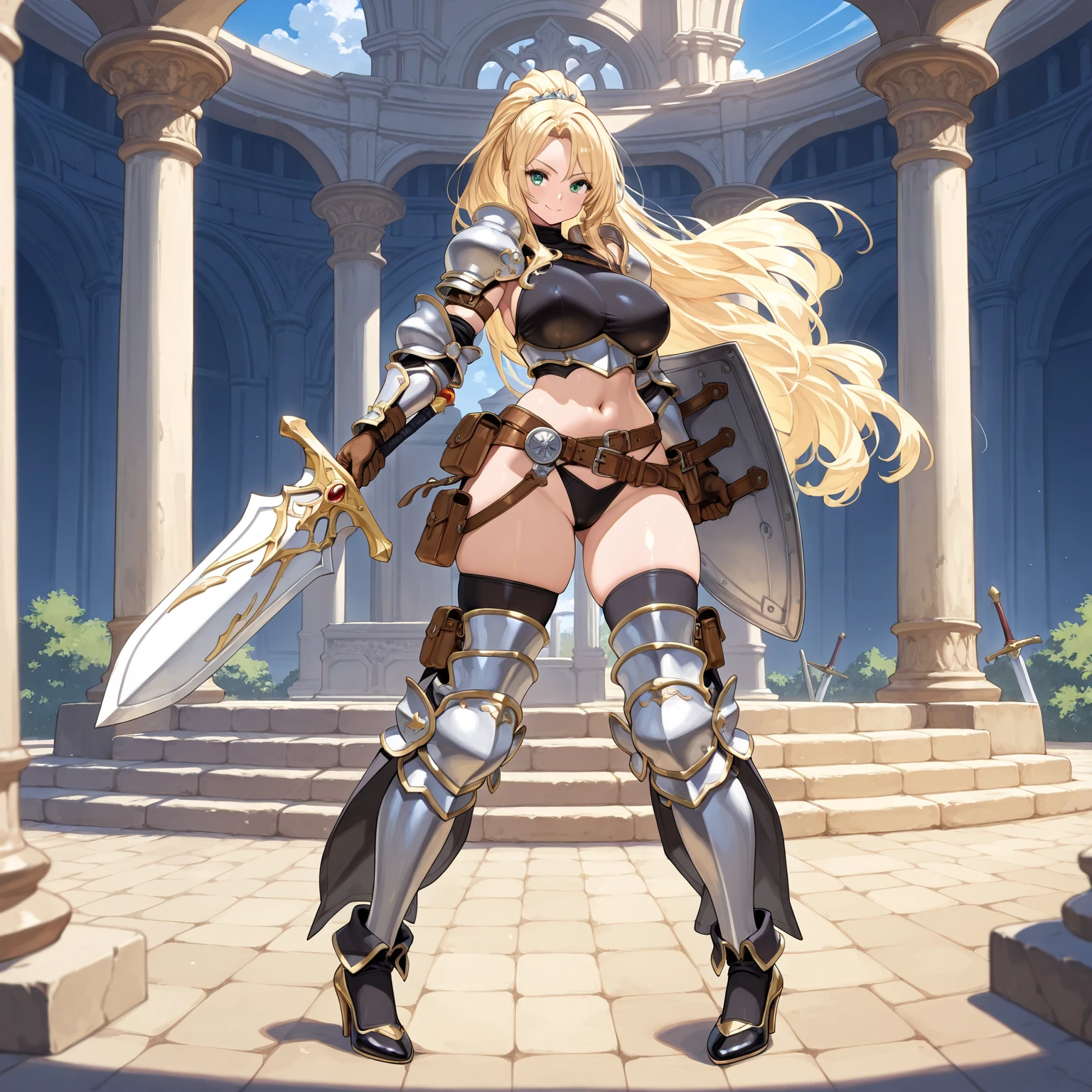 Bimbo, Armored Knight, Looming Over, Giantess, Tall, Sweaty, Shiny, Muscular, Athletic, Toned, Feminine Hourglass Bodyshape, Giant Perky Breasts, Puffy Nipples, Thin Waist, Exaggerated Wide Hips, Enormous Juicy Bubble Butt, Thick Thighs, Skimpy String Bikini, Skimpy Black And Gold Heavy Plate Armor On Shoulders Arms and Abdomen, Stockings, Extravagant Cape, Wielding Large Sword, Low Squat, Looking Down At Camera, Front, Worried, lowered camera