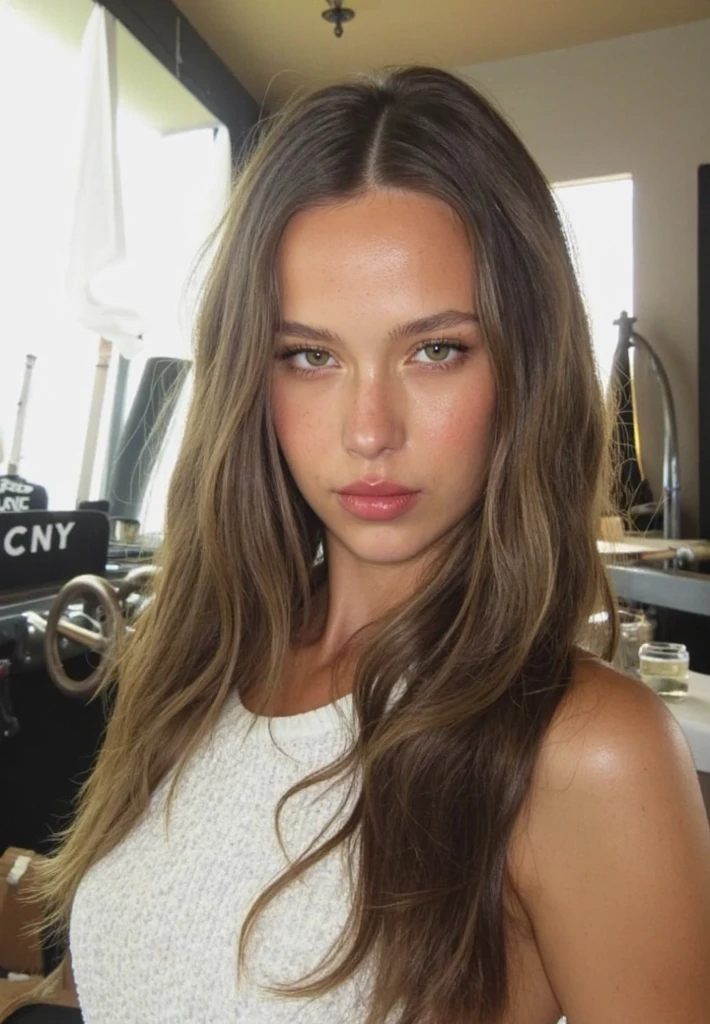 there is a woman that is looking at her reflection in the mirror, bella hadid, sexy lips :5 stylish, glossy lips, portrait emily ratajkowski, big brown fringe, jaw dropping beauty, sultry expression, big cheekbones, sexy face, victoria's secret model, long shiny bronze brown hair, flawless face, bronze brown hair, portrait sophie mudd