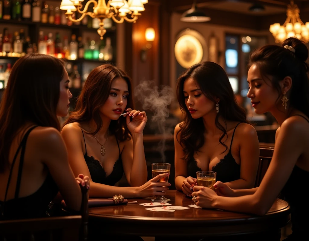 (masterpiece), (High quality), two women in party clothes, young party girls, sitting in a bar, smoking cigarettes and drinking alcohol, Angel is split in two with smoke, (devil against angel), 2 angels, Wings of the Devil, with two pairs of wings, angel against devil, fallen angels, 2 wings, heaven, with the devil's infernal wings, sexy movie photo, drinking and smoking, Cinematic. by Leng Jun, Dark Coffee Ange