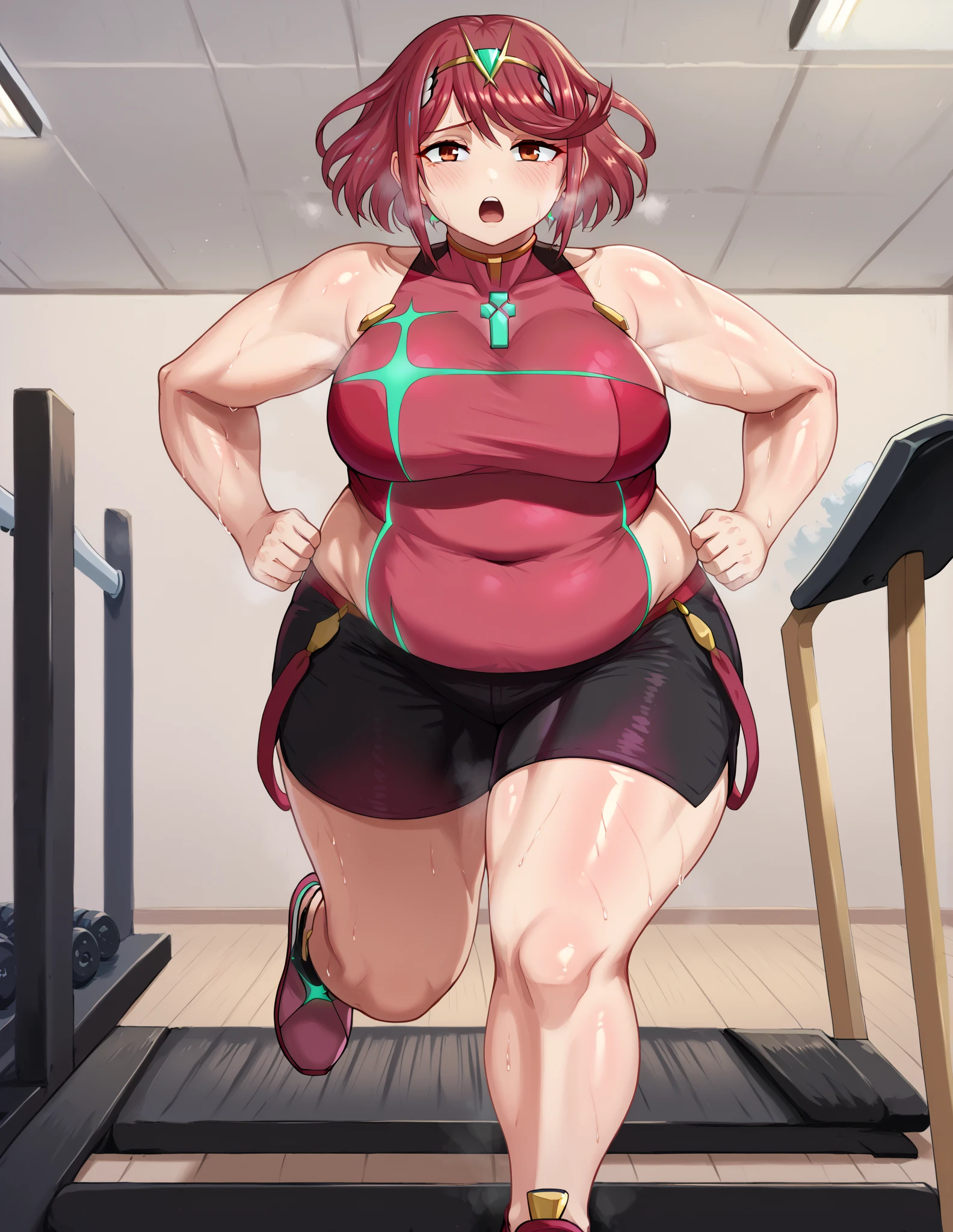 (masterpiece, best quality, highly detailed), 1girls, big belly, huge belly, art by kipteitei, round belly, chubby, curvy, belly grab, enormous belly, fat belly, thicc, bigger belly, really big belly, jiggly belly, glasses, gym clothes, (sweating), tight breasts, ((full body)), flandre scarlet