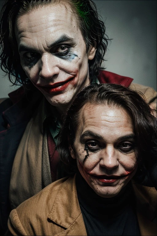 Create a new version of the Batman villain,the joker,an evil version,and wearing a stained straitjacket and carrying blood,with your mouth cut and deformed,and faded green hair