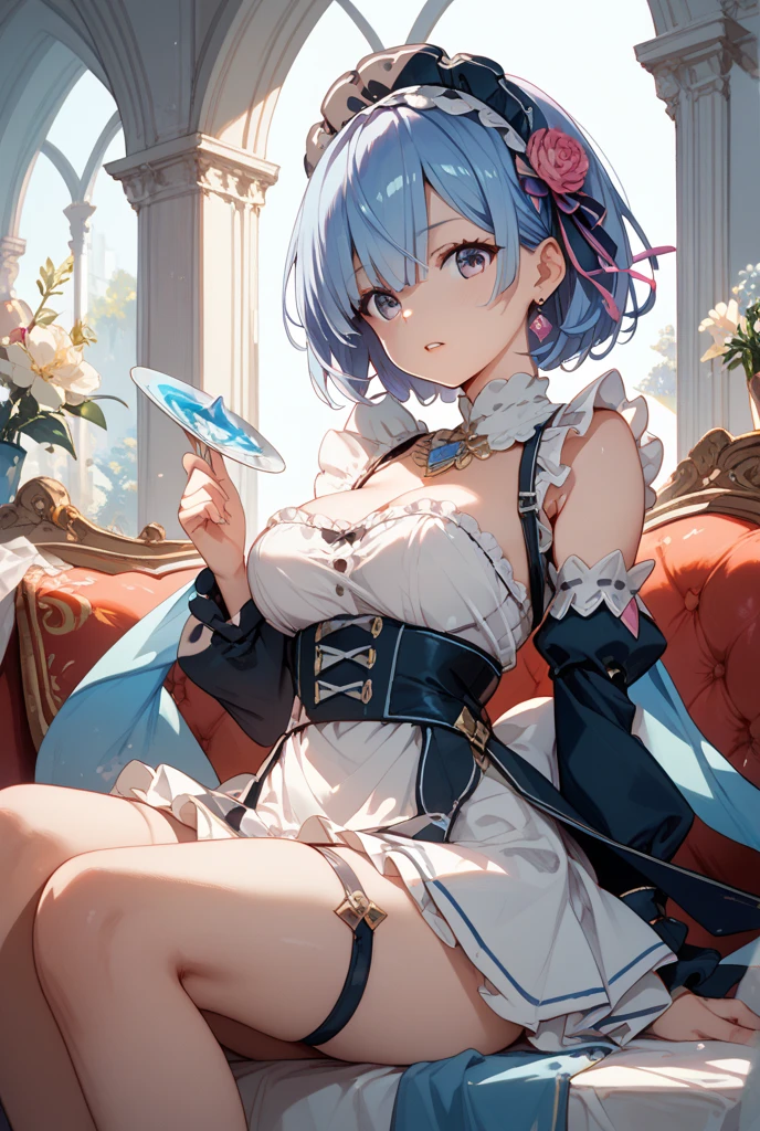 (Masterpiece:1.2), best quality, (illustration:1.2), (ultra-detailed), hyper details, (delicate detailed), (focus on panties), slightly spread legs, lace stockings, perky, (intricate ), (Cinema Light, Best Quality Backlight), Clear Lines, Raise Legs and Show Legs When viewed from below, Single woman, Perfect body, (1girl), White hair, Glowing blue eyes, Big breasts: 1.4, (White lace lingerie, White lace panties), White pantyhose, Burst shoes, (Crown: 1.1), Sitting on the throne, Slightly closed eyes, Looking down, Turning head, ( Anger: 1.3), ((makeup)), High contrast, (best illumination, an extremely delicious and beautiful), (cinematic light)), colorful,