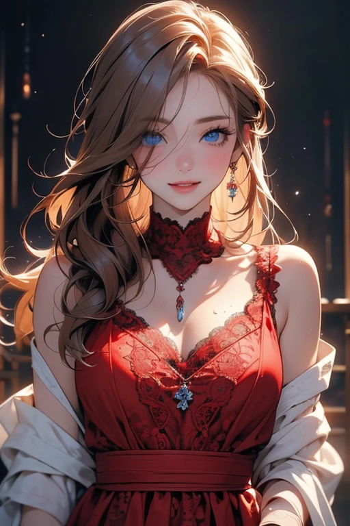 ((masterpiece)),((best quality)),((High detail)),((Realistic,)), 1 shy girl, shy expression, elegant makeup, long brown hair, seductive eyes, bright lips, sexy pose, (beautiful detailed face: 1.0), smiling, feminine approach, lace lingerie, red lingerie, big breasts, pointed breasts, (perfect body), prominent nipples, black coordinate, standing and looking at the sky, sunset in the city, tight clothes,